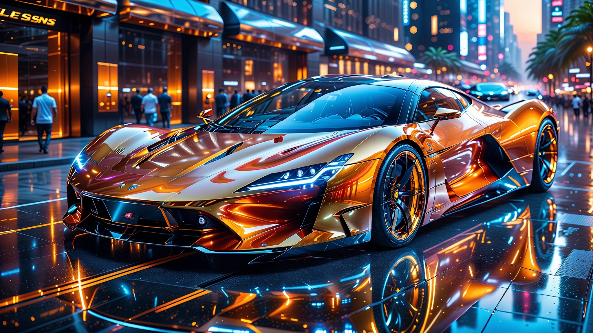 A Masterpiece In 32K Resolution, Supreme Quality, Super Detail, Official Art, Very High-Resolution 32K Wallpaper. Gleaming And Technological, Ultra-Detailed Features. A Gleaming, Ultra-Modern Supercar, Radiating With A Golden Glow As If Forged From Molten Metal. The City Features Towering Silver Skyscrapers And Transparent, Crystalline Domes That Shimmer In The Night. The Streets Are Packed With Sleek Supercars, Leaving Trails Of Fiery Light That Cut Through The Cool, Metallic Hues Of The Metropolis, Casting A Warm Glow Over The Entire Scene. Every Detail Embodies The Essence Of Futuristic Technology And Sophisticated Design.