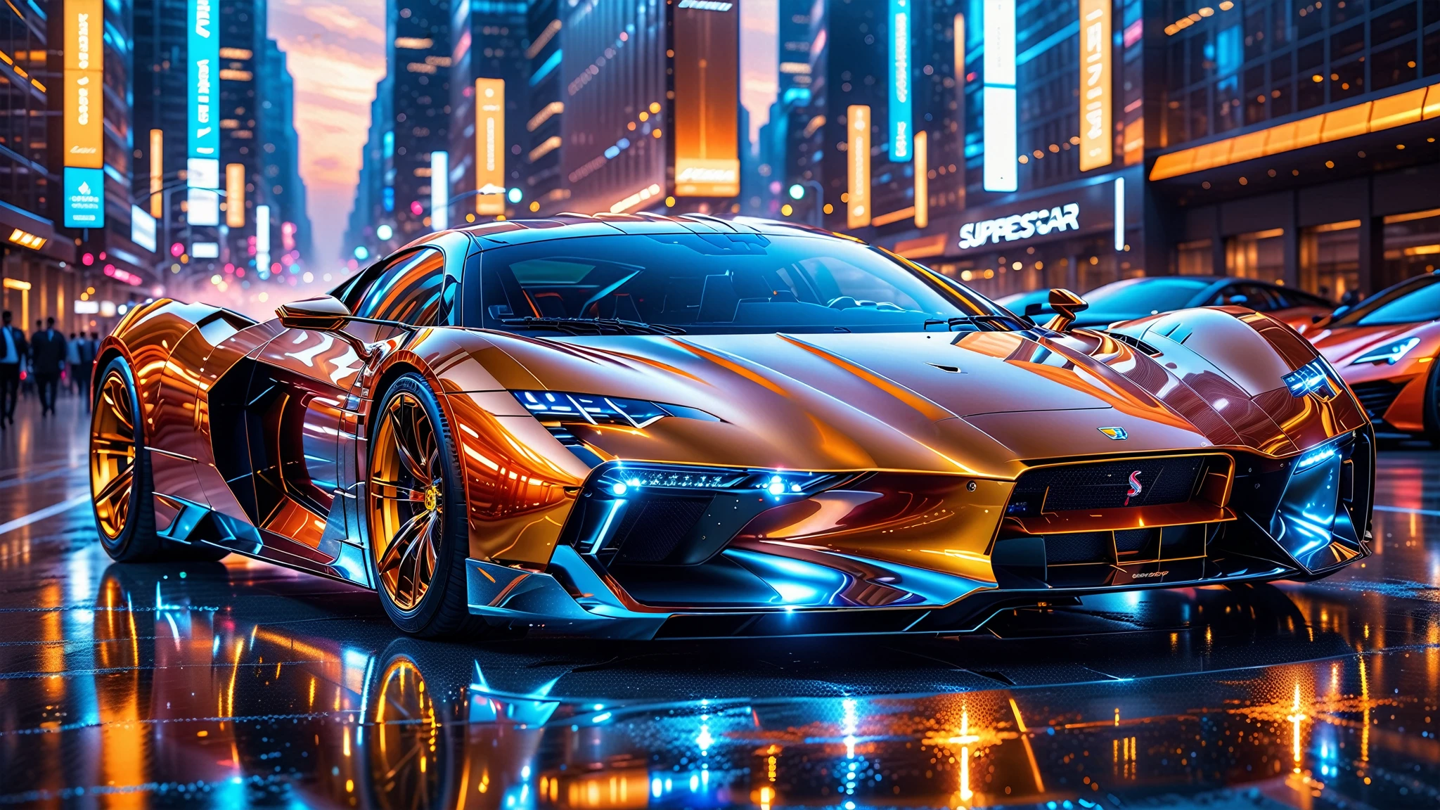 A Masterpiece In 32K Resolution, Supreme Quality, Super Detail, Official Art, Very High-Resolution 32K Wallpaper. Gleaming And Technological, Ultra-Detailed Features. A Gleaming, Ultra-Modern Supercar, Radiating With A Golden Glow As If Forged From Molten Metal. The City Features Towering Silver Skyscrapers And Transparent, Crystalline Domes That Shimmer In The Night. The Streets Are Packed With Sleek Supercars, Leaving Trails Of Fiery Light That Cut Through The Cool, Metallic Hues Of The Metropolis, Casting A Warm Glow Over The Entire Scene. Every Detail Embodies The Essence Of Futuristic Technology And Sophisticated Design.