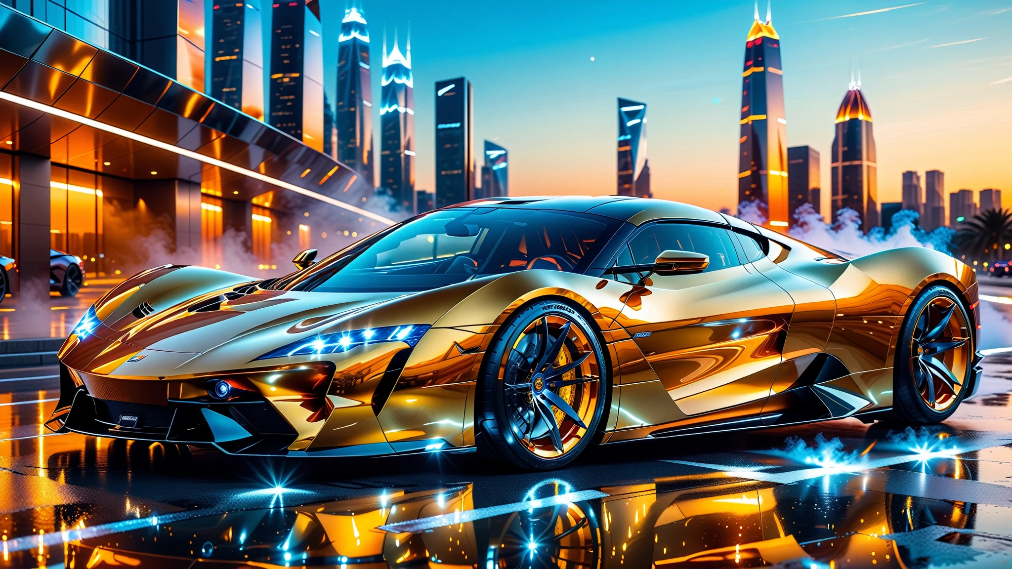 A Masterpiece In 32K Resolution, Supreme Quality, Super Detail, Official Art, Very High-Resolution 32K Wallpaper. Gleaming And Technological, Ultra-Detailed Features. A Gleaming, Ultra-Modern Supercar, Radiating With A Golden Glow As If Forged From Molten Metal. The City Features Towering Silver Skyscrapers And Transparent, Crystalline Domes That Shimmer In The Night. The Streets Are Packed With Sleek Supercars, Leaving Trails Of Fiery Light That Cut Through The Cool, Metallic Hues Of The Metropolis, Casting A Warm Glow Over The Entire Scene. Every Detail Embodies The Essence Of Futuristic Technology And Sophisticated Design.