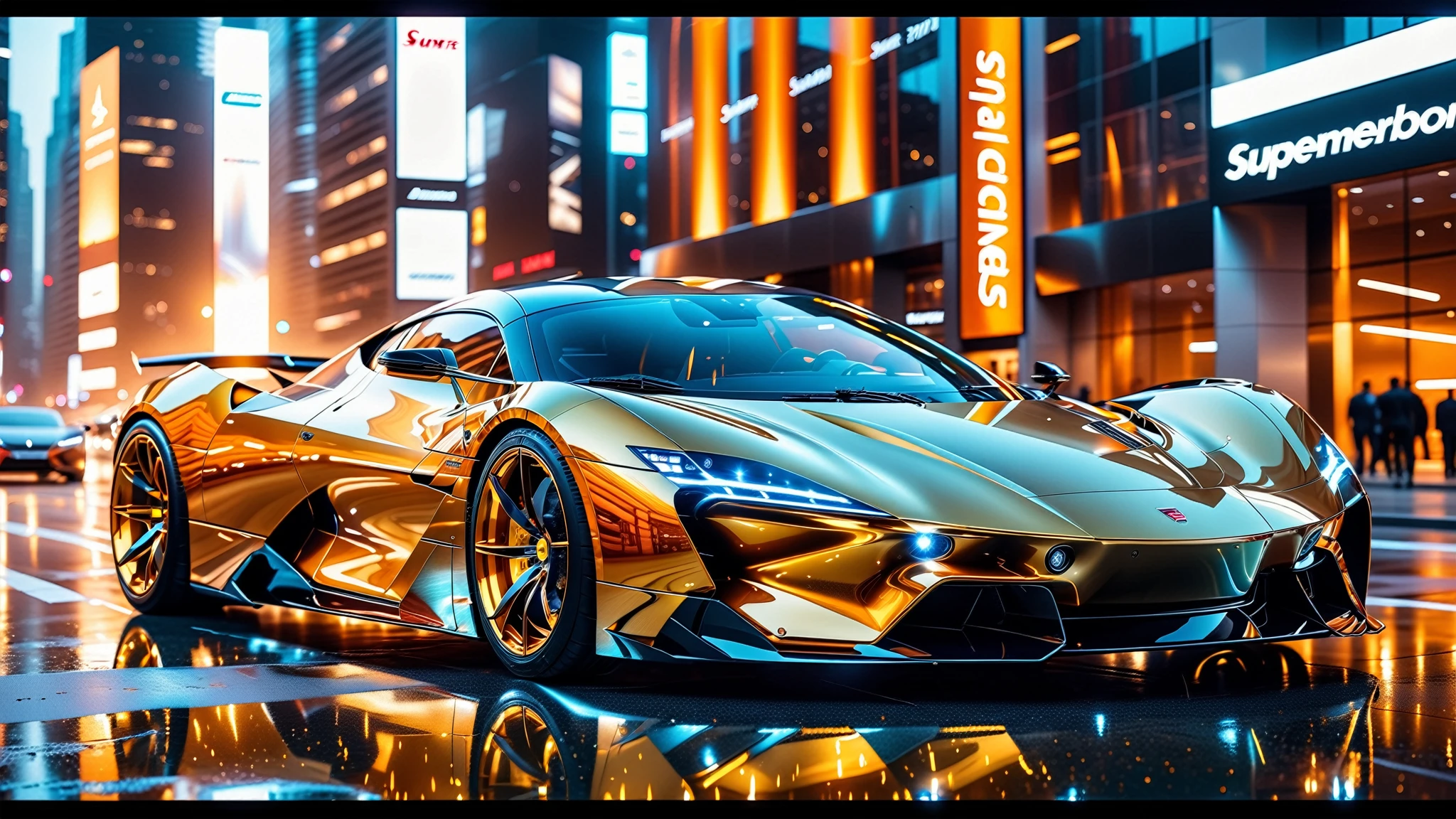 A Masterpiece In 32K Resolution, Supreme Quality, Super Detail, Official Art, Very High-Resolution 32K Wallpaper. Gleaming And Technological, Ultra-Detailed Features. A Gleaming, Ultra-Modern Supercar, Radiating With A Golden Glow As If Forged From Molten Metal. The City Features Towering Silver Skyscrapers And Transparent, Crystalline Domes That Shimmer In The Night. The Streets Are Packed With Sleek Supercars, Leaving Trails Of Fiery Light That Cut Through The Cool, Metallic Hues Of The Metropolis, Casting A Warm Glow Over The Entire Scene. Every Detail Embodies The Essence Of Futuristic Technology And Sophisticated Design.