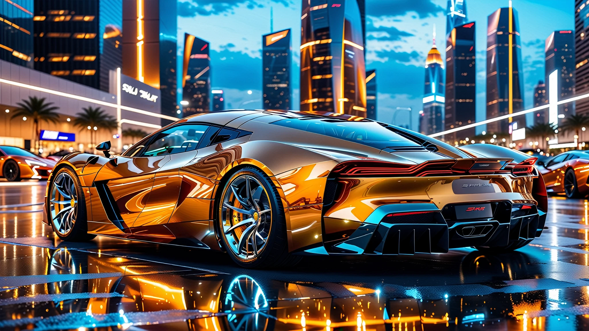 A Masterpiece In 32K Resolution, Supreme Quality, Super Detail, Official Art, Very High-Resolution 32K Wallpaper. Gleaming And Technological, Ultra-Detailed Features. A Gleaming, Ultra-Modern Supercar, Radiating With A Golden Glow As If Forged From Molten Metal. The City Features Towering Silver Skyscrapers And Transparent, Crystalline Domes That Shimmer In The Night. The Streets Are Packed With Sleek Supercars, Leaving Trails Of Fiery Light That Cut Through The Cool, Metallic Hues Of The Metropolis, Casting A Warm Glow Over The Entire Scene. Every Detail Embodies The Essence Of Futuristic Technology And Sophisticated Design.