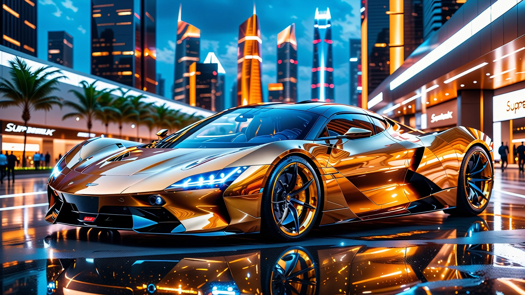 A Masterpiece In 32K Resolution, Supreme Quality, Super Detail, Official Art, Very High-Resolution 32K Wallpaper. Gleaming And Technological, Ultra-Detailed Features. A Gleaming, Ultra-Modern Supercar, Radiating With A Golden Glow As If Forged From Molten Metal. The City Features Towering Silver Skyscrapers And Transparent, Crystalline Domes That Shimmer In The Night. The Streets Are Packed With Sleek Supercars, Leaving Trails Of Fiery Light That Cut Through The Cool, Metallic Hues Of The Metropolis, Casting A Warm Glow Over The Entire Scene. Every Detail Embodies The Essence Of Futuristic Technology And Sophisticated Design.