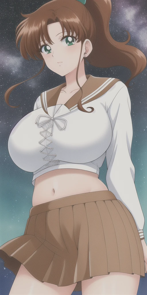 kino_makoto, huge_breasts, standing, solo, School_uniform_Serafuku_White_shirt_Brown_sailor_collar_Cross-laced_top_Brown_skirt, starry_sky,, masterpiece, best quality, detailed face, detailed eyes, highres, midriff, belly button