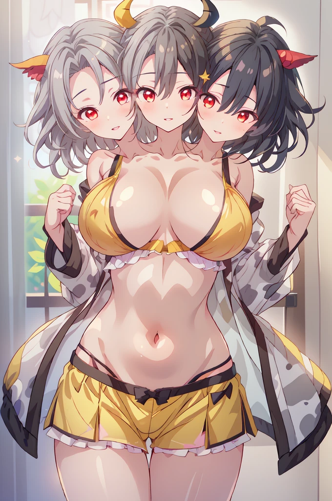 (masterpiece, best quality),best quality, (ultra-detailed), ((3heads:1.5)), 1girl, (ushizaki urumi:1.3), masterpiece, best quality, ultra quality, ultra resolution, ultra detail, yellow top, crop top, ((stomach)), midriff, ((groin)), yellow shorts, normal ears, sweet smile, black hair, short hair, wearing revealing cothingr, sidelocks, red eyes, parted lips, smile, seductive smile, gentle smile, cute, toned belly, very sexy, eyelashes, (2 woman:1.3), (masterpiece:1.5), (best quality:1.5), (beautiful detailed), extremely detailed CG, extremely delicate and beautiful, depth of field, (finely detailed face), (perfect details:1.3), (mature female:1.3), wide pelvis, slender, large veiny breast, 16k resolution, highres, very high quality, very high definition, extremely detailed, masterpiece, black hair, short hair, alluring presence, very sexy body, short skirt, close up, very big breasts, very huge breasts, young, sexy woman, star hair ornament, yellow ribbon, very cute smile, (Ushi-Oni girl:1.5), hair ornament, two-tone hair, split-color hair, ( Half of her hair is black, the other half is light grey:1.5), japanese clothes, demon horns, cow girl, cow horns, cow tail, horns on each head,
