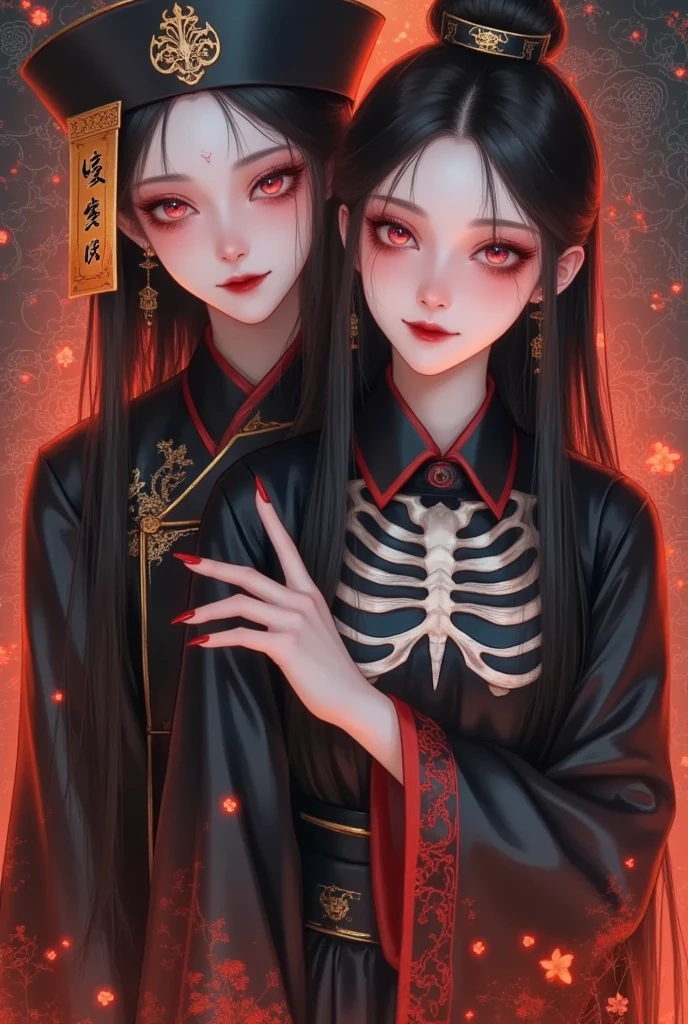 an anime couple with a skeleton on their chest, in the style of naturalistic, atmospheric animal paintings, redshift, warm color palette, layered portraits, dragon art, light black and red, dark azure and orange,hyper detail,3d rendering