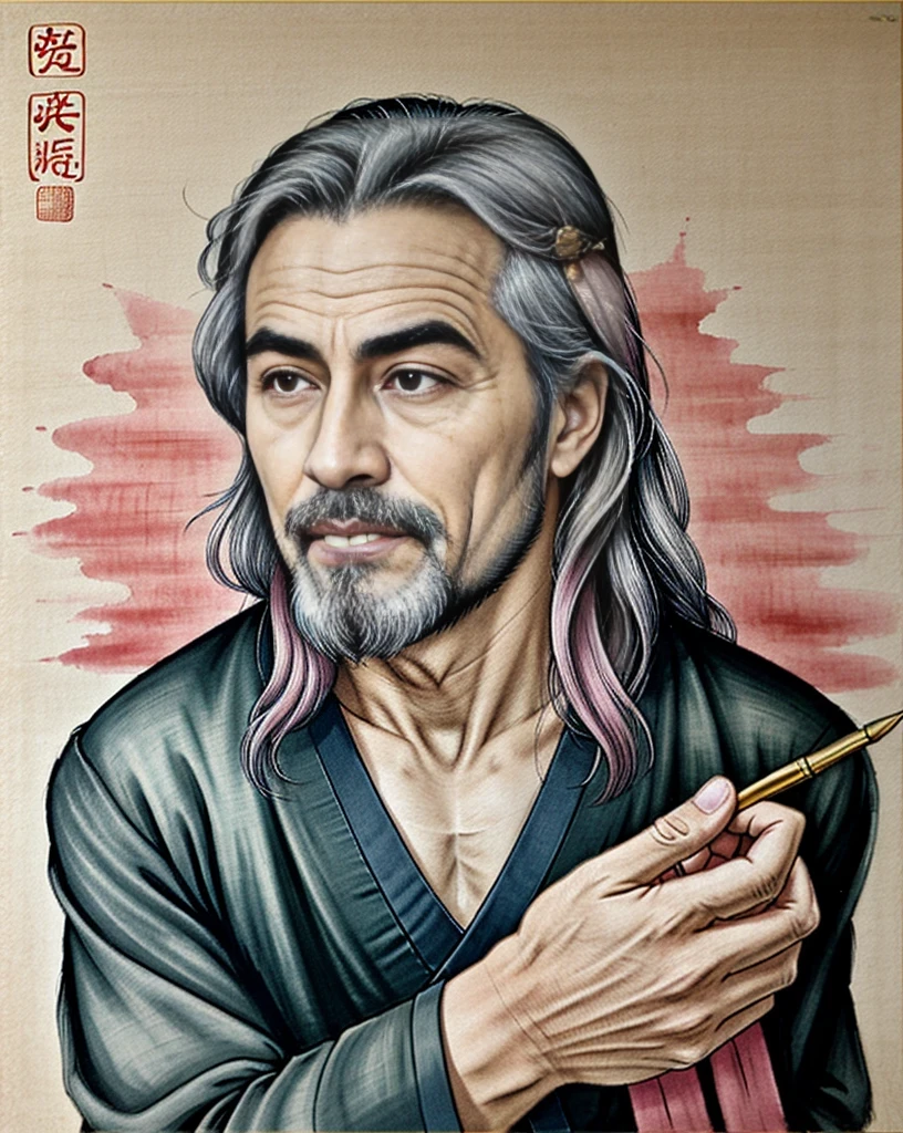 Paint a work in the traditional Chinese ink painting style with an emphasis on gold. Among them should be depicted a wise man with gray hair and long hair and sharp eyes of pink color. This sage should be a man with many hands and fingers and multiple faces.