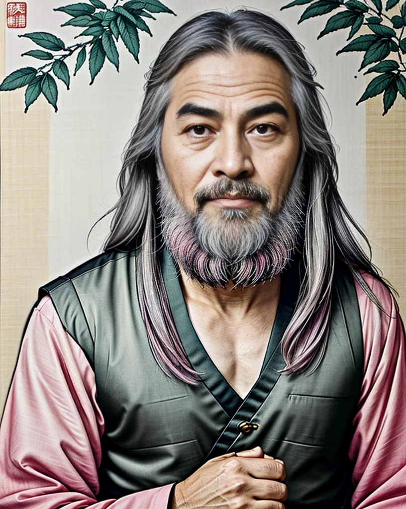 Paint a work in the traditional Chinese ink painting style with an emphasis on gold. Among them should be depicted a wise man with gray hair and long hair and sharp eyes of pink color. This sage should be a man with many hands and fingers and multiple faces.