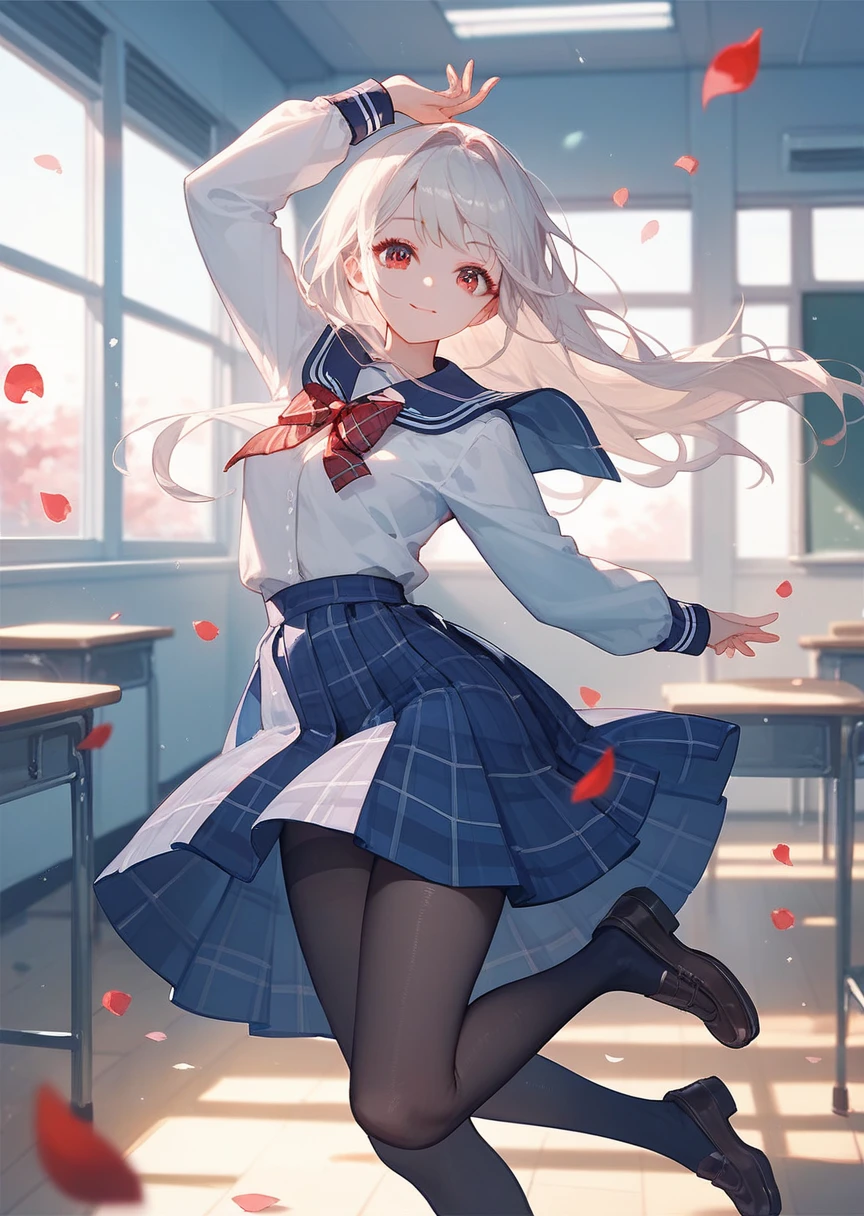 full body, looking at viewer, 1girl, Charles, ,school uniform, dress, blue plaid, long sleeves, red bowtie, plaid skirt, black pantyhose, indoors, Classroom in school, petals dancing in the wind, best quality, very aesthetic