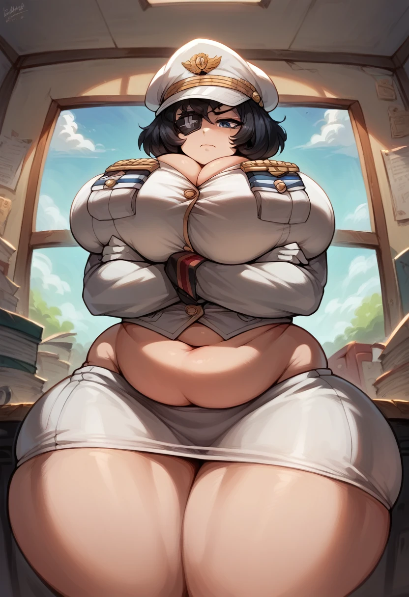 Masterpiece,best quality, high resolution,1 girl,black hair,short hair, blue eyes, eye patch,black eye patch, cowboy shot, military uniform,medals, ((White military uniform)),red accents, golden buttons, general cap,white gloves, voluptuous figure, dummy thicc,huge breasts, wide hips,thick thighs,angled view, military office, wooden desk, window, cabinet,plump, belly,((arms crossed)), squeezed breast 