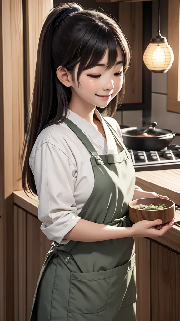 Wearing a traditional kappogi (Japanese apron), she stands in the kitchen of a Japanese restaurant, tasting a spoonful of carefully prepared dashi broth. Her expression reflects a focus on capturing the delicate, savory flavor of the broth, as she evaluates the taste with a refined sense of satisfaction. The background features a bustling Japanese kitchen with wooden shelves, small traditional utensils, and neatly arranged dishes, adding to the authenticity of the setting. The atmosphere is warm and cozy, with hints of steam rising from the pots, and the light subtly highlighting her concentration and passion for Japanese cuisine.[Eyes closed, mouth open, smile,smile that makes you feel happy]+++