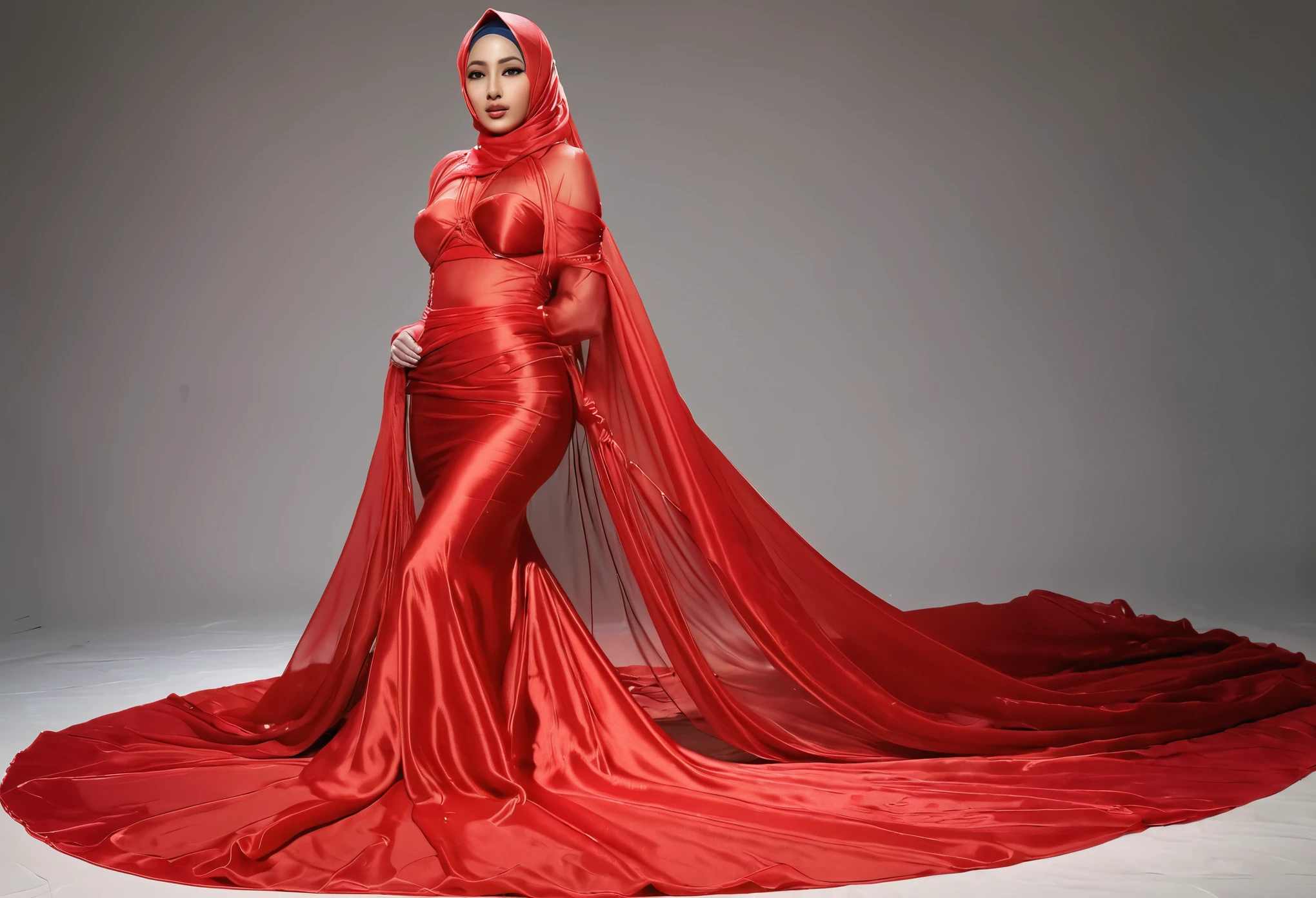 A woman shrouded in a 10-meter-long, plush red transparent silk cloth, slim body with big breast, tightly bound and grandly draping along the form of her body, flowing off into a pooled floor-length train, styled in a mermaid-inspired outfit, her head modestly veiled in a silk hijab, tall woman, strugle to move, tight outfit, sexy pose in photo studio, a full-body pose conveying a sense of mysterious elegance, captured in a 4k resolution, ultra-realistic