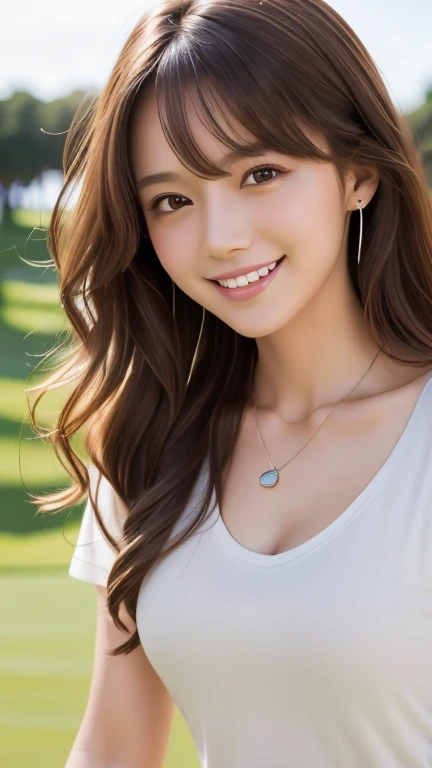 Ultra high resolution, excellent quality, best quality, highly detailed, realistic, 8K, RAW photo, best quality, masterpiece, (sportswoman:1.2), (energetic girl), amazing girl, light brown hair, wavy hair, medium long hairstyle, mesh hair, Japanese idol, ear piercing, necklace around neck, white t-shirt, smiling face, ((play golf:1.2)), ((full body:1.2))