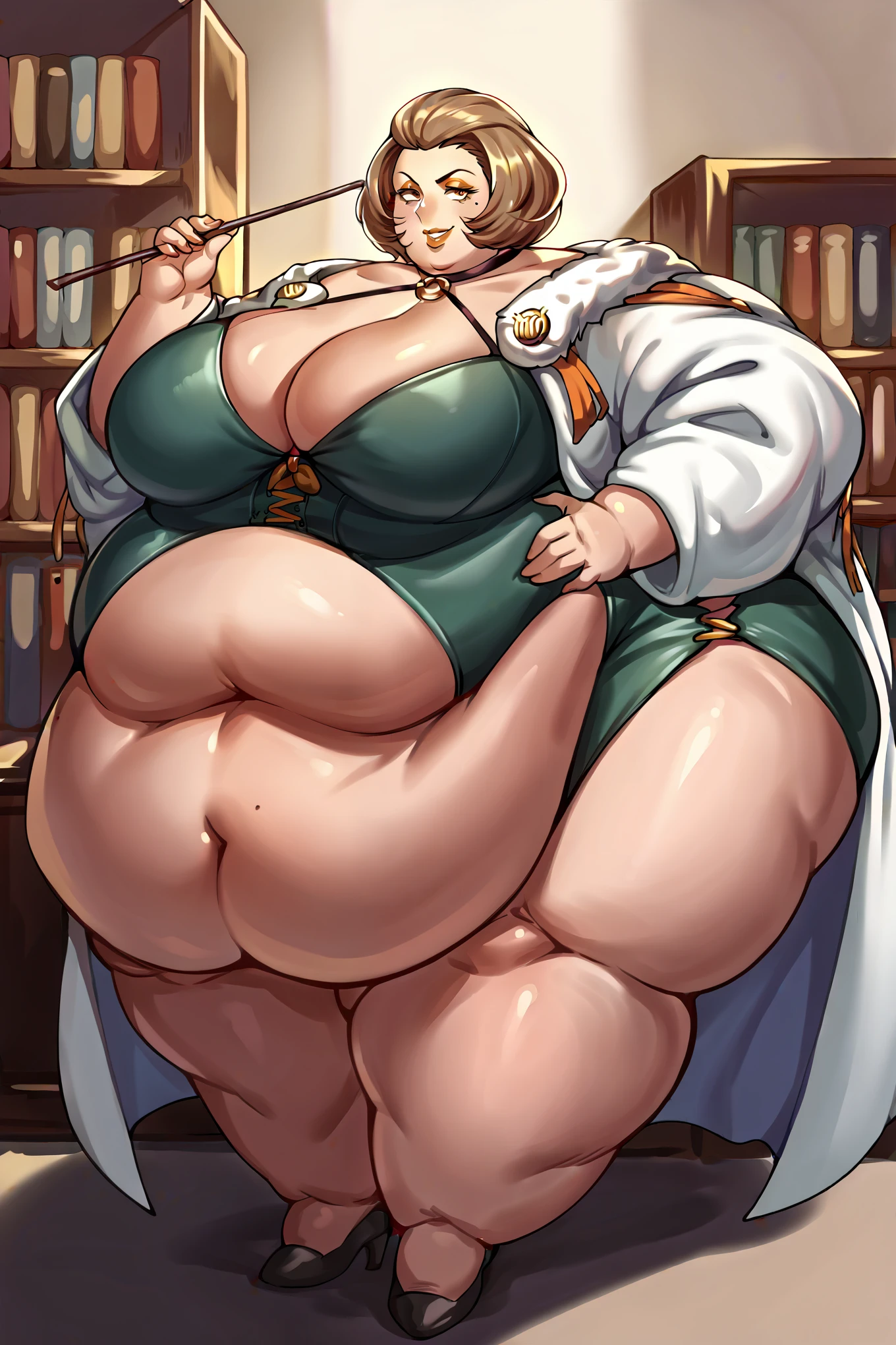 score_9, score_8_up, score_7_up, score_6_up, source_anime, 1girl BREAK defManuela, short hair, mole under eye, eyeshadow, lipstick, black choker, o-ring, halterneck, cleavage, green dress, corset, white coat, fur trim, large breasts, bookshelf, looking at you, seductive smile, hand on hip, holding stick, fat, chubby, obese, gigantic arms and legs 