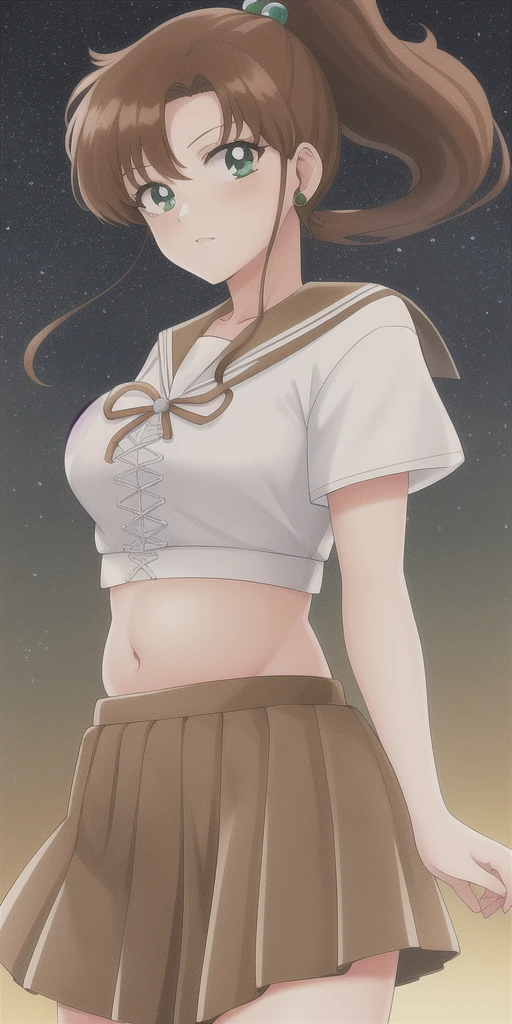 kino_makoto, standing, solo, School_uniform_Serafuku_White_shirt_Brown_sailor_collar_Cross-laced_top_Brown_skirt, starry_sky,, masterpiece, best quality, detailed face, detailed eyes, highres, midriff, belly button, stuffed belly