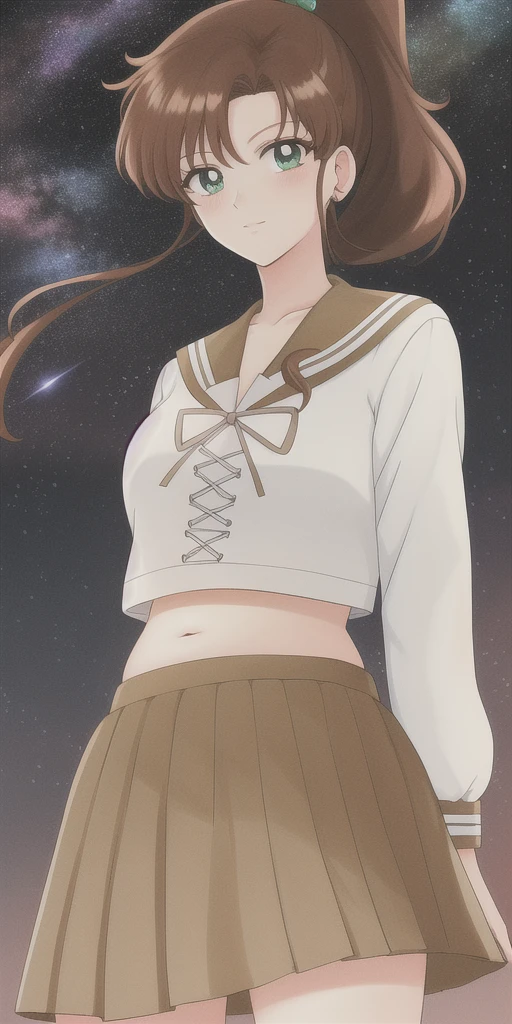 kino_makoto, standing, solo, School_uniform_Serafuku_White_shirt_Brown_sailor_collar_Cross-laced_top_Brown_skirt, starry_sky,, masterpiece, best quality, detailed face, detailed eyes, highres, midriff, belly button, stuffed belly