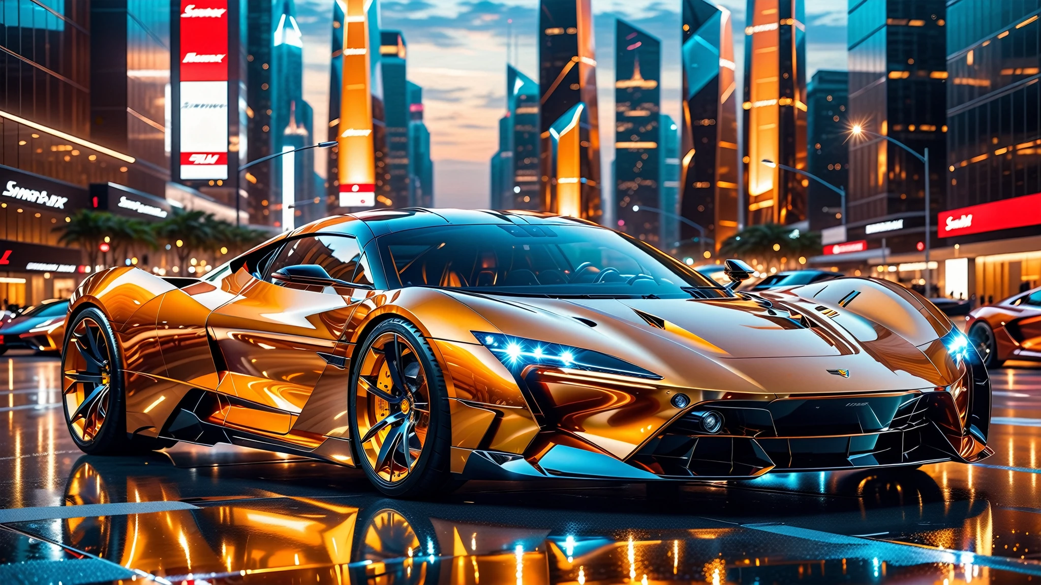 A Masterpiece In 32K Resolution, Supreme Quality, Super Detail, Official Art, Very High-Resolution 32K Wallpaper. Gleaming And Technological, Ultra-Detailed Features. A Gleaming, Ultra-Modern Supercar, Radiating With A Golden Glow As If Forged From Molten Metal. The City Features Towering Silver Skyscrapers And Transparent, Crystalline Domes That Shimmer In The Night. The Streets Are Packed With Sleek Supercars, Leaving Trails Of Fiery Light That Cut Through The Cool, Metallic Hues Of The Metropolis, Casting A Warm Glow Over The Entire Scene. Every Detail Embodies The Essence Of Futuristic Technology And Sophisticated Design.