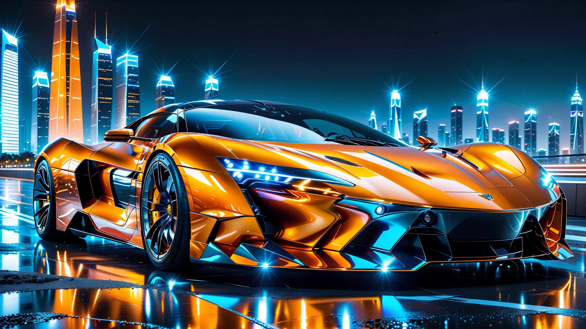 A Masterpiece In 32K Resolution, Supreme Quality, Super Detail, Official Art, Very High-Resolution 32K Wallpaper. Gleaming And Technological, Ultra-Detailed Features. A Gleaming, Ultra-Modern Supercar, Radiating With A Golden Glow As If Forged From Molten Metal. The City Features Towering Silver Skyscrapers And Transparent, Crystalline Domes That Shimmer In The Night. The Streets Are Packed With Sleek Supercars, Leaving Trails Of Fiery Light That Cut Through The Cool, Metallic Hues Of The Metropolis, Casting A Warm Glow Over The Entire Scene. Every Detail Embodies The Essence Of Futuristic Technology And Sophisticated Design.