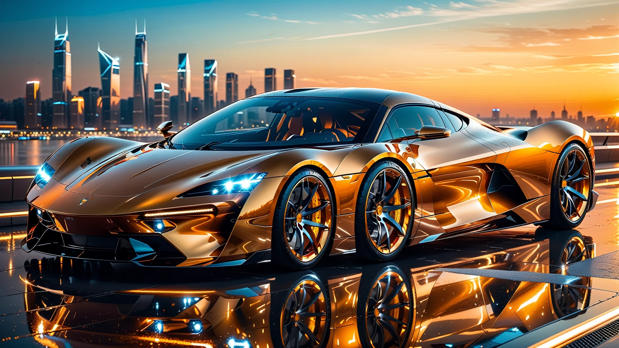 A Masterpiece In 32K Resolution, Supreme Quality, Super Detail, Official Art, Very High-Resolution 32K Wallpaper. Gleaming And Technological, Ultra-Detailed Features. A Gleaming, Ultra-Modern Supercar, Radiating With A Golden Glow As If Forged From Molten Metal. The City Features Towering Silver Skyscrapers And Transparent, Crystalline Domes That Shimmer In The Night. The Streets Are Packed With Sleek Supercars, Leaving Trails Of Fiery Light That Cut Through The Cool, Metallic Hues Of The Metropolis, Casting A Warm Glow Over The Entire Scene. Every Detail Embodies The Essence Of Futuristic Technology And Sophisticated Design.