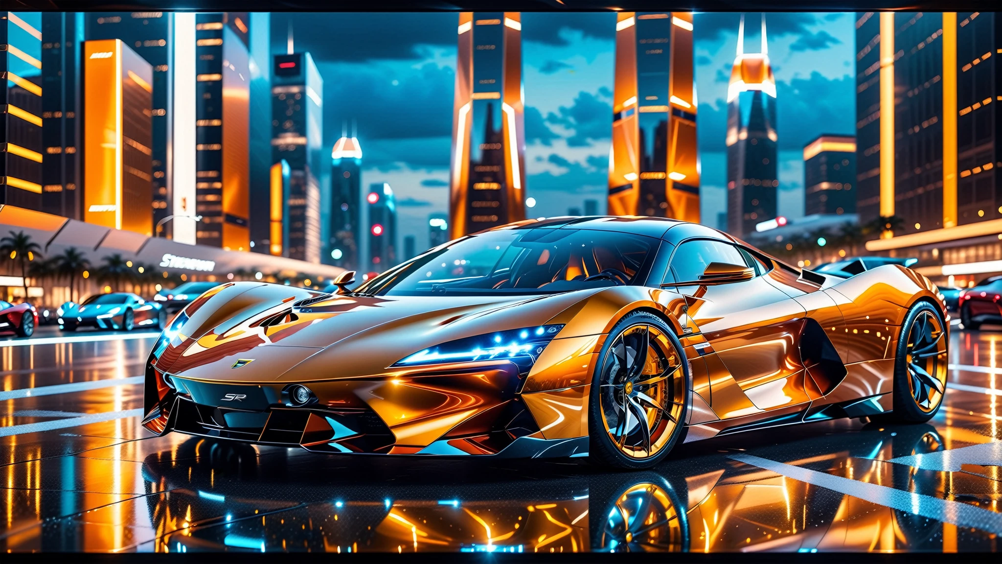 A Masterpiece In 32K Resolution, Supreme Quality, Super Detail, Official Art, Very High-Resolution 32K Wallpaper. Gleaming And Technological, Ultra-Detailed Features. A Gleaming, Ultra-Modern Supercar, Radiating With A Golden Glow As If Forged From Molten Metal. The City Features Towering Silver Skyscrapers And Transparent, Crystalline Domes That Shimmer In The Night. The Streets Are Packed With Sleek Supercars, Leaving Trails Of Fiery Light That Cut Through The Cool, Metallic Hues Of The Metropolis, Casting A Warm Glow Over The Entire Scene. Every Detail Embodies The Essence Of Futuristic Technology And Sophisticated Design.