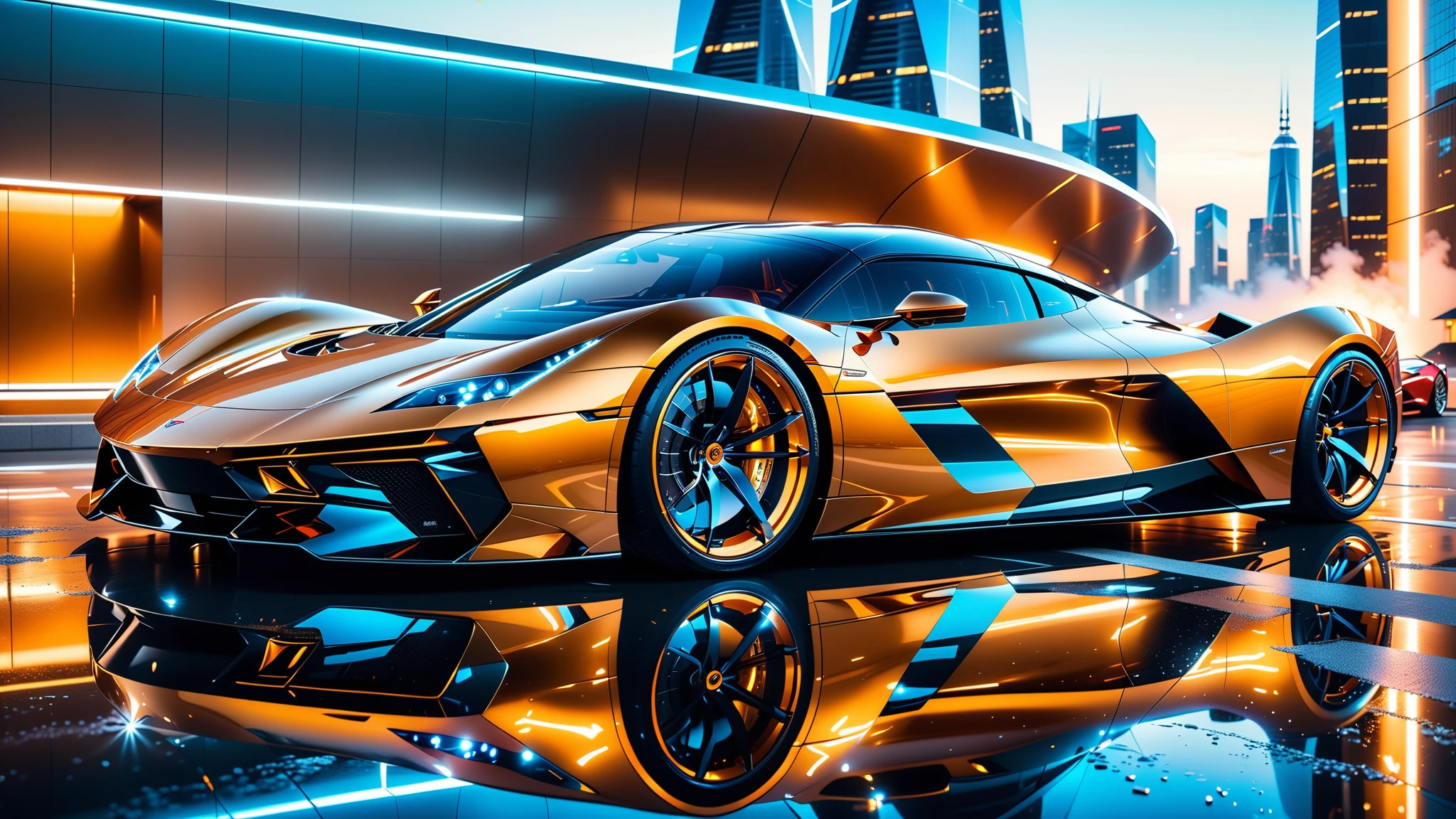 A Masterpiece In 32K Resolution, Supreme Quality, Super Detail, Official Art, Very High-Resolution 32K Wallpaper. Gleaming And Technological, Ultra-Detailed Features. A Gleaming, Ultra-Modern Supercar, Radiating With A Golden Glow As If Forged From Molten Metal. The City Features Towering Silver Skyscrapers And Transparent, Crystalline Domes That Shimmer In The Night. The Streets Are Packed With Sleek Supercars, Leaving Trails Of Fiery Light That Cut Through The Cool, Metallic Hues Of The Metropolis, Casting A Warm Glow Over The Entire Scene. Every Detail Embodies The Essence Of Futuristic Technology And Sophisticated Design.