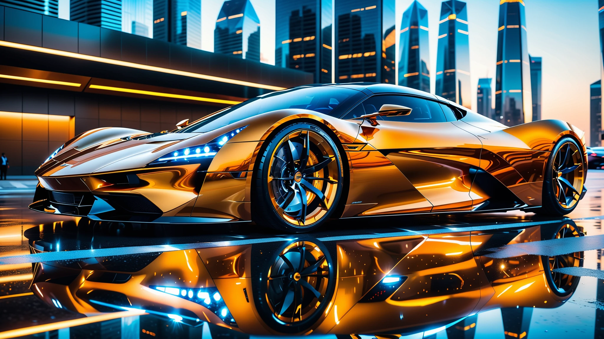 A Masterpiece In 32K Resolution, Supreme Quality, Super Detail, Official Art, Very High-Resolution 32K Wallpaper. Gleaming And Technological, Ultra-Detailed Features. A Gleaming, Ultra-Modern Supercar, Radiating With A Golden Glow As If Forged From Molten Metal. The City Features Towering Silver Skyscrapers And Transparent, Crystalline Domes That Shimmer In The Night. The Streets Are Packed With Sleek Supercars, Leaving Trails Of Fiery Light That Cut Through The Cool, Metallic Hues Of The Metropolis, Casting A Warm Glow Over The Entire Scene. Every Detail Embodies The Essence Of Futuristic Technology And Sophisticated Design.