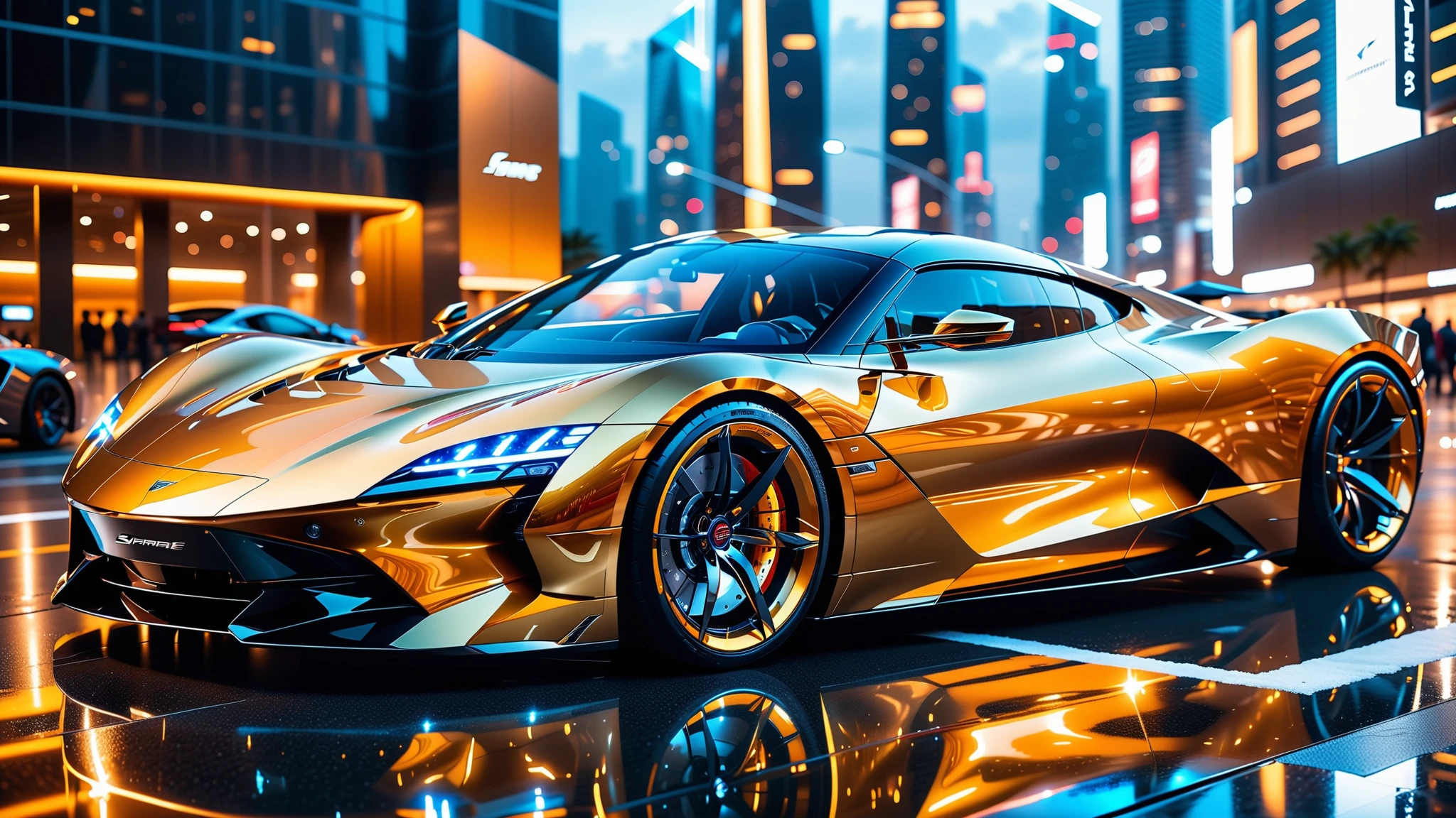 A Masterpiece In 32K Resolution, Supreme Quality, Super Detail, Official Art, Very High-Resolution 32K Wallpaper. Gleaming And Technological, Ultra-Detailed Features. A Gleaming, Ultra-Modern Supercar, Radiating With A Golden Glow As If Forged From Molten Metal. The City Features Towering Silver Skyscrapers And Transparent, Crystalline Domes That Shimmer In The Night. The Streets Are Packed With Sleek Supercars, Leaving Trails Of Fiery Light That Cut Through The Cool, Metallic Hues Of The Metropolis, Casting A Warm Glow Over The Entire Scene. Every Detail Embodies The Essence Of Futuristic Technology And Sophisticated Design.