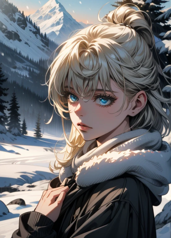 1girl, blonde hair, blue eyes, beautiful detailed eyes, beautiful detailed lips, extremely detailed eyes and face, longeyelashes, winter clothing, cowboy shot, in a winter wonderland, snow, ice, pine trees, mountains, (best quality,4k,8k,highres,masterpiece:1.2),ultra-detailed,(realistic,photorealistic,photo-realistic:1.37),HDR,UHD,studio lighting,ultra-fine painting,sharp focus,physically-based rendering,extreme detail description,professional,vivid colors,bokeh,winter,cold,frozen,icy,snowy,christmas