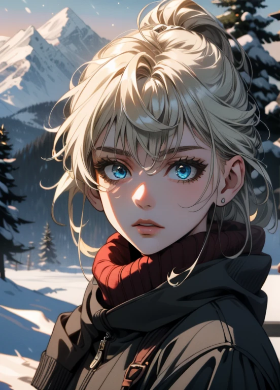 1girl, blonde hair, blue eyes, beautiful detailed eyes, beautiful detailed lips, extremely detailed eyes and face, longeyelashes, winter clothing, cowboy shot, in a winter wonderland, snow, ice, pine trees, mountains, (best quality,4k,8k,highres,masterpiece:1.2),ultra-detailed,(realistic,photorealistic,photo-realistic:1.37),HDR,UHD,studio lighting,ultra-fine painting,sharp focus,physically-based rendering,extreme detail description,professional,vivid colors,bokeh,winter,cold,frozen,icy,snowy,christmas