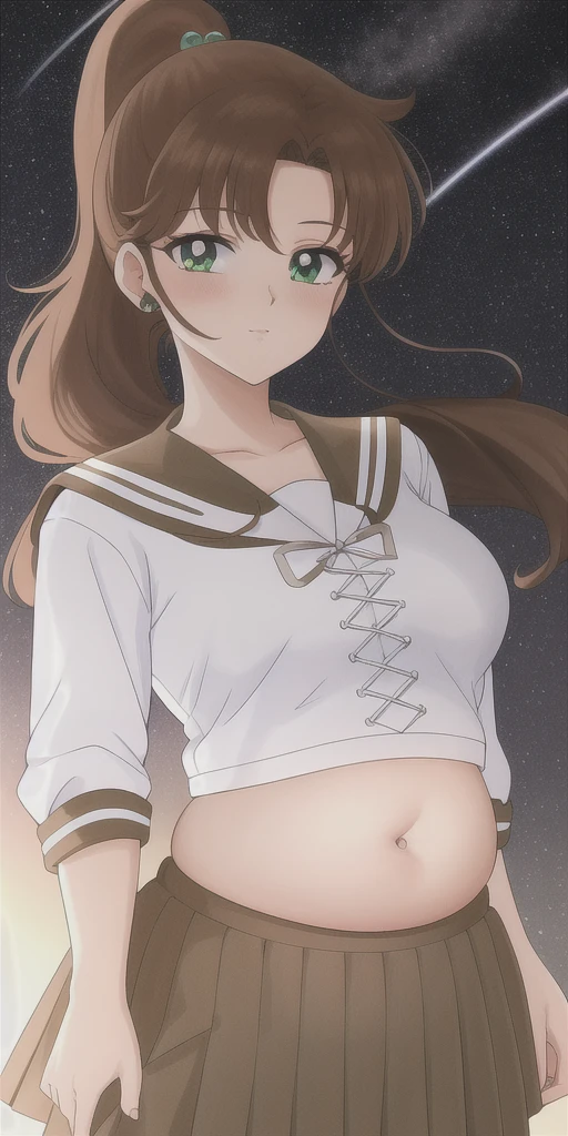 kino_makoto, standing, solo, School_uniform_Serafuku_White_shirt_Brown_sailor_collar_Cross-laced_top_Brown_skirt, starry_sky,, masterpiece, best quality, detailed face, detailed eyes, highres, midriff, belly button, stuffed belly, chubby belly