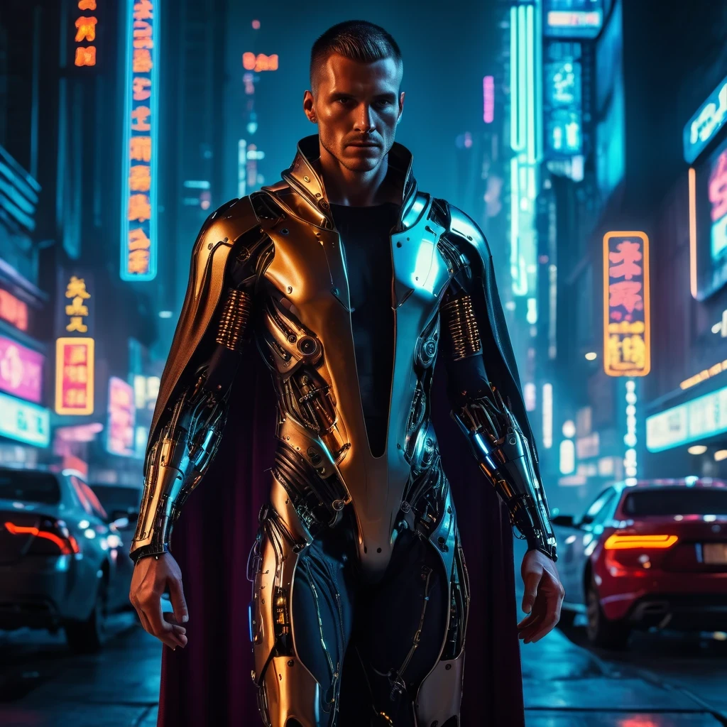 (best quality:1.3), (best performance:1.2), (best illustration:1.2), (Comic style:1.2), (artistic cinematic lighting:1.2) (1man) wearing futuristic technological Cyberpunk electronic robes, his body is covered by metallic parts, in a cinematic horror movie background in a futuristic Cyberpunk city.