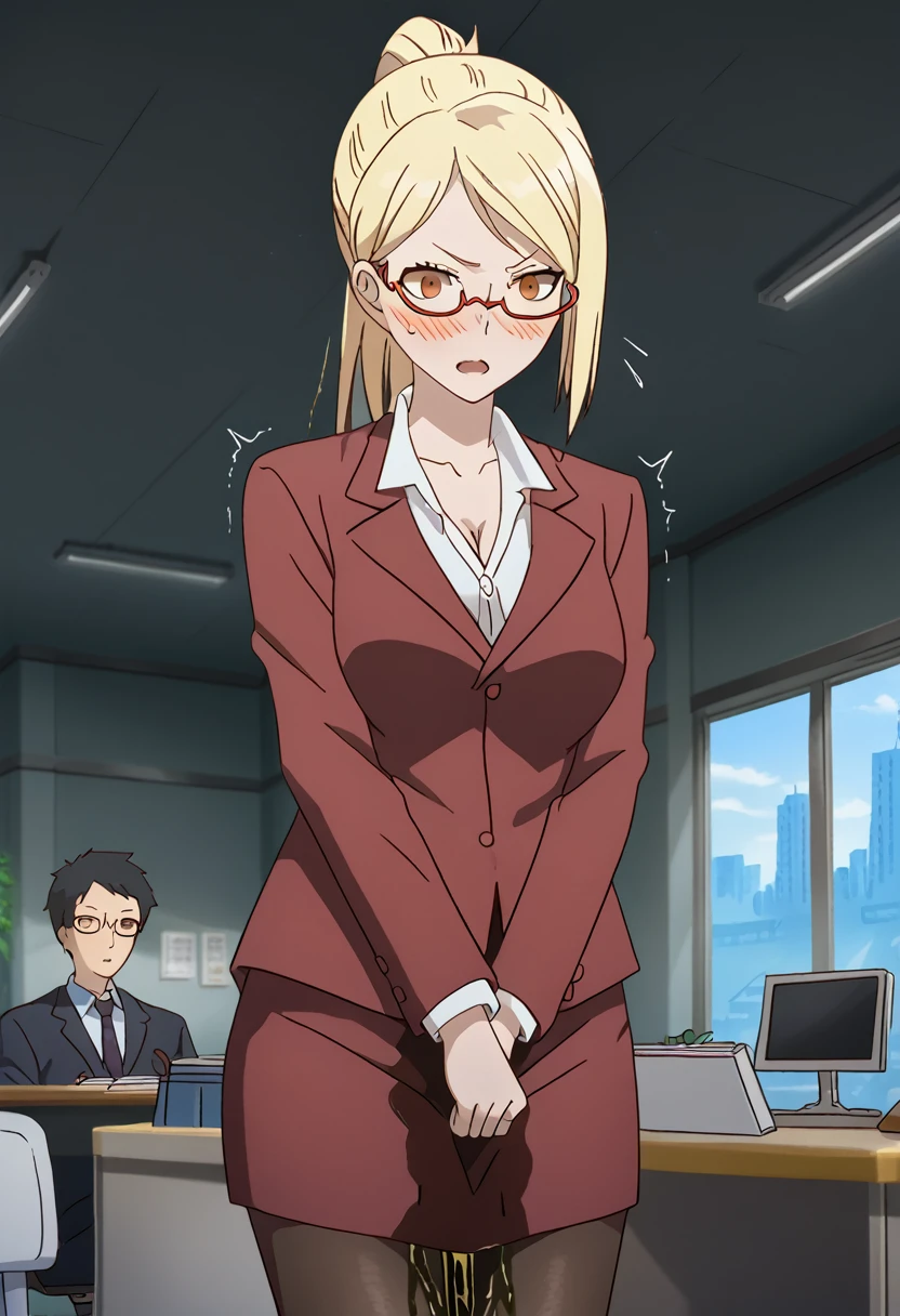 source_anime, score_7_up, 1girl, woman, (wetting self:1.75), desperation, huge breasts, kaede akiyama, blonde hair, ponytail, orange eyes, glasses, semi-rimless eyewear, red-framed eyewear, pencil skirt, shirt, long sleeves, cleavage, jacket, (pantyhose:1.5), collared shirt, miniskirt, red skirt, formal, skirt suit, embarrassed, humiliation, blushing, angry, open mouth, trembling, indoors, office, window, cityscape