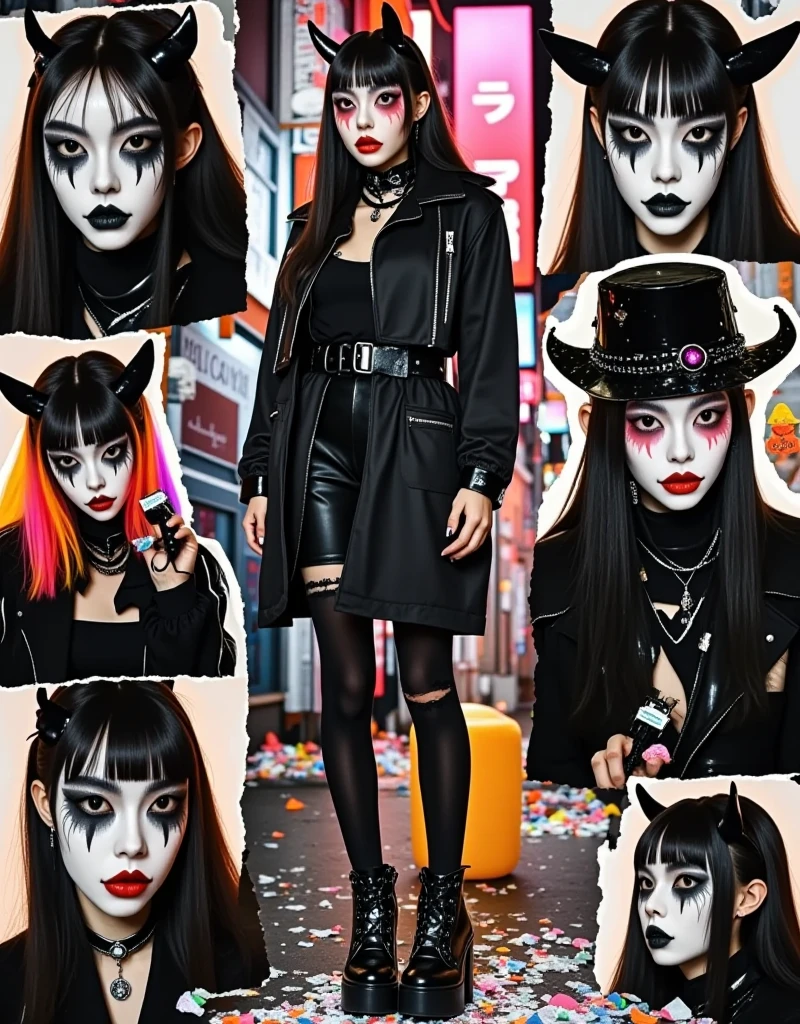 a photorealistic character sheet in a 9x9 grid layout featuring a single consistent character: a cyberpunk femme fatale woman. Each square should showcase different aspects of her design, including close-ups of her striking features, such as neon-colored hair and piercing eyes enhanced with cybernetic implants. Include variations of her outfits, highlighting sleek leather jackets, high-tech accessories, and edgy footwear. Add elements like tattoos and glowing circuitry on her skin. The background should be a dark, futuristic cityscape with neon lights, emphasizing the character's bold and mysterious persona.