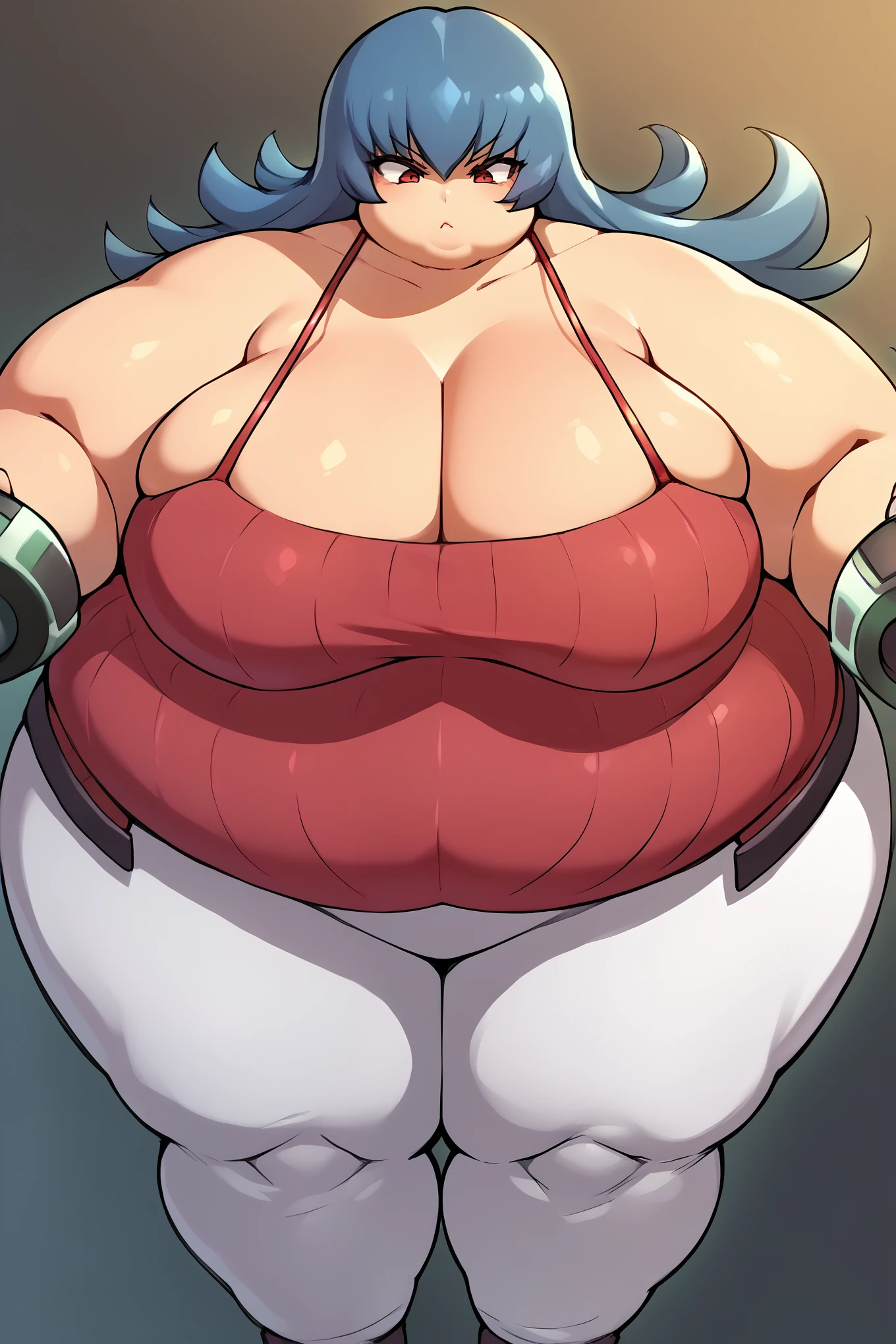 score_9, score_8_up, source_anime, 1girl BREAK  hgsssab, blue hair, medium hair, bare shoulders, cleavage, pink camisole, midriff, belt, white pants, bracelet, (large breasts:0.7), fat, chubby, obese, gigantic arms and legs 