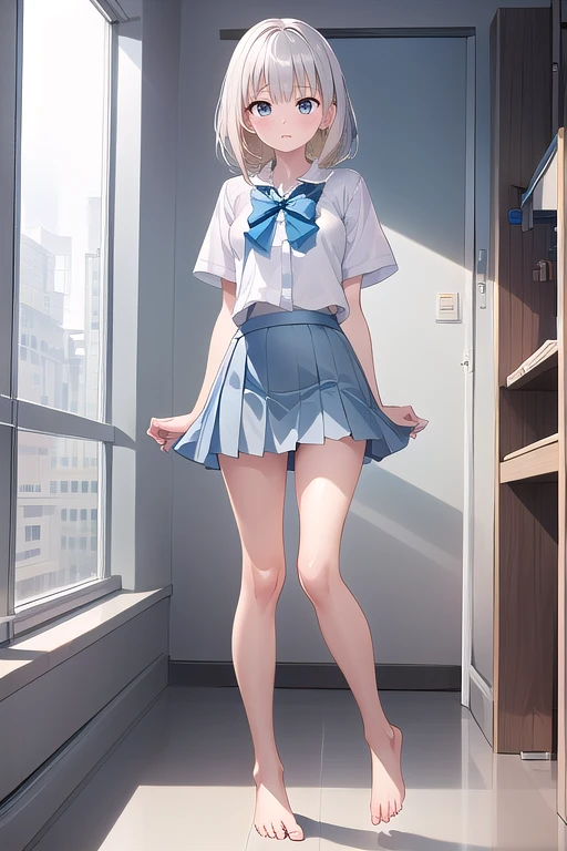 ((masterpiece)), ( best quality), Official Art,  extremely detailed CG ,   unity 8k Wallpaper  , Super detailed, 
 1 girl,  Jerseys, , Junior Student ,  Philippine Uniform , Asian Uniform,  Silver Skirt ,  Silver Little Bow , 
Full Body,   miniskirt in length, (barefoot:1.2), Confused, 
 Dido Flip Hair ,  Platinum Blonde Hair, 
 