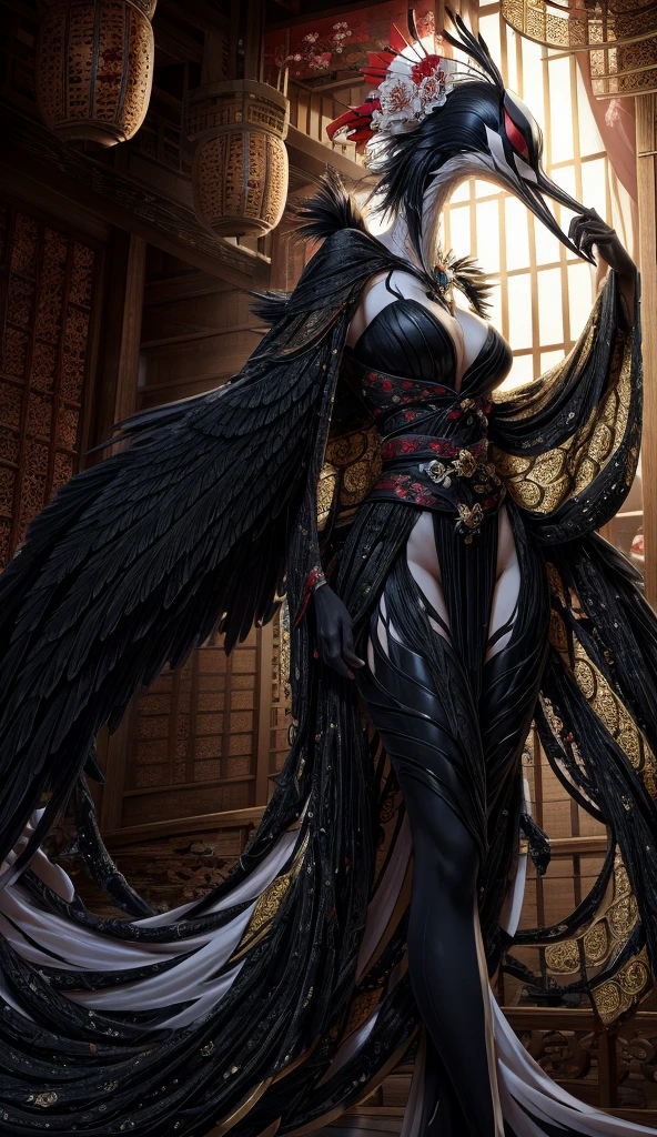 Japan – A geisha-like Venom symbiote with the elegance of a Japanese crane. Her elongated limbs have black feathers growing from them, and her mask-like face shimmers with porcelain beauty as sharp tendrils wrap seductively around her body.
 Melhor qualidade, Detalhe, Detalhes altos, 4kObra-prima, 