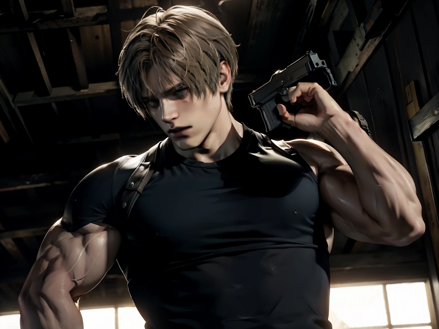 Leon resident evil shirtless shooting gun big muscles