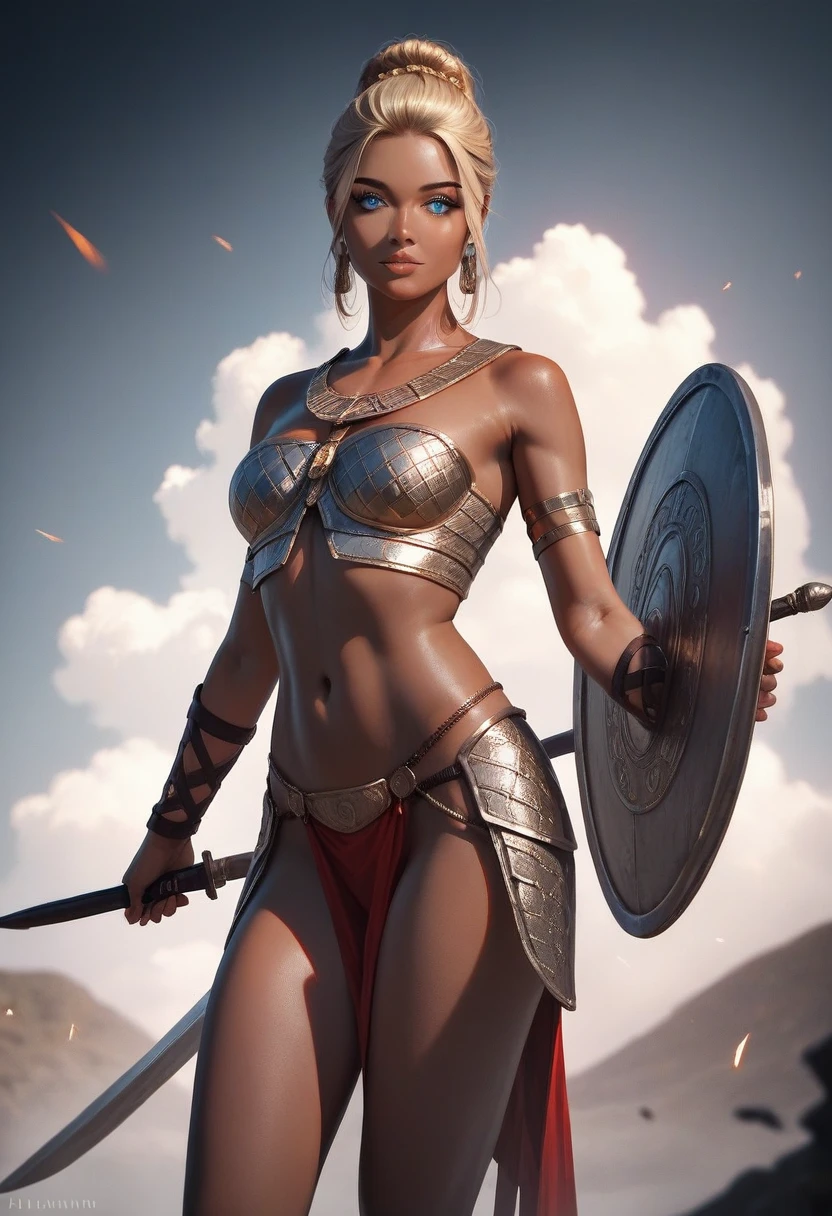 ((masterpiece, highest quality, Highest image quality, High resolution, photorealistic, Raw photo, 8K)), ((Extremely detailed CG unified 8k wallpaper)), (huge stunning goddess shot, very hot and sexy, jaw-dropping beauty, perfect proportions, beautiful body, slim body beauty:1.4), (Ancient Athenian female gladiator), (beautiful warrior, holding short sword and small shield, Wearing leather armor and sandals), (blonde hair, blue eyes, dark skin), amphitheatre,