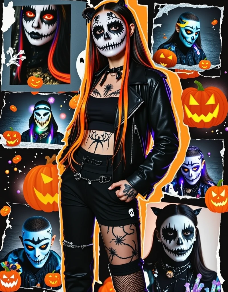 a photorealistic character sheet in a 9x9 grid layout featuring a single consistent character, a cyberpunk witch femme fatale. Each square should showcase different aspects of her design. Include close-ups of her striking features like neon orange or purple hair and piercing eyes enhanced with spooky cybernetic implants that glow in the dark. Show variations of her outfits, highlighting sleek black leather jackets with bat-wing motifs, high-tech accessories like magic wands with glowing runes, and edgy footwear with skull buckles. Add elements like spooky tattoos of bats and spiders and glowing circuitry on her skin that resembles witchy symbols. The background should be a dark, futuristic cityscape on Halloween night with neon lights in the shape of pumpkins and ghosts, emphasizing the character's bold and mysterious persona