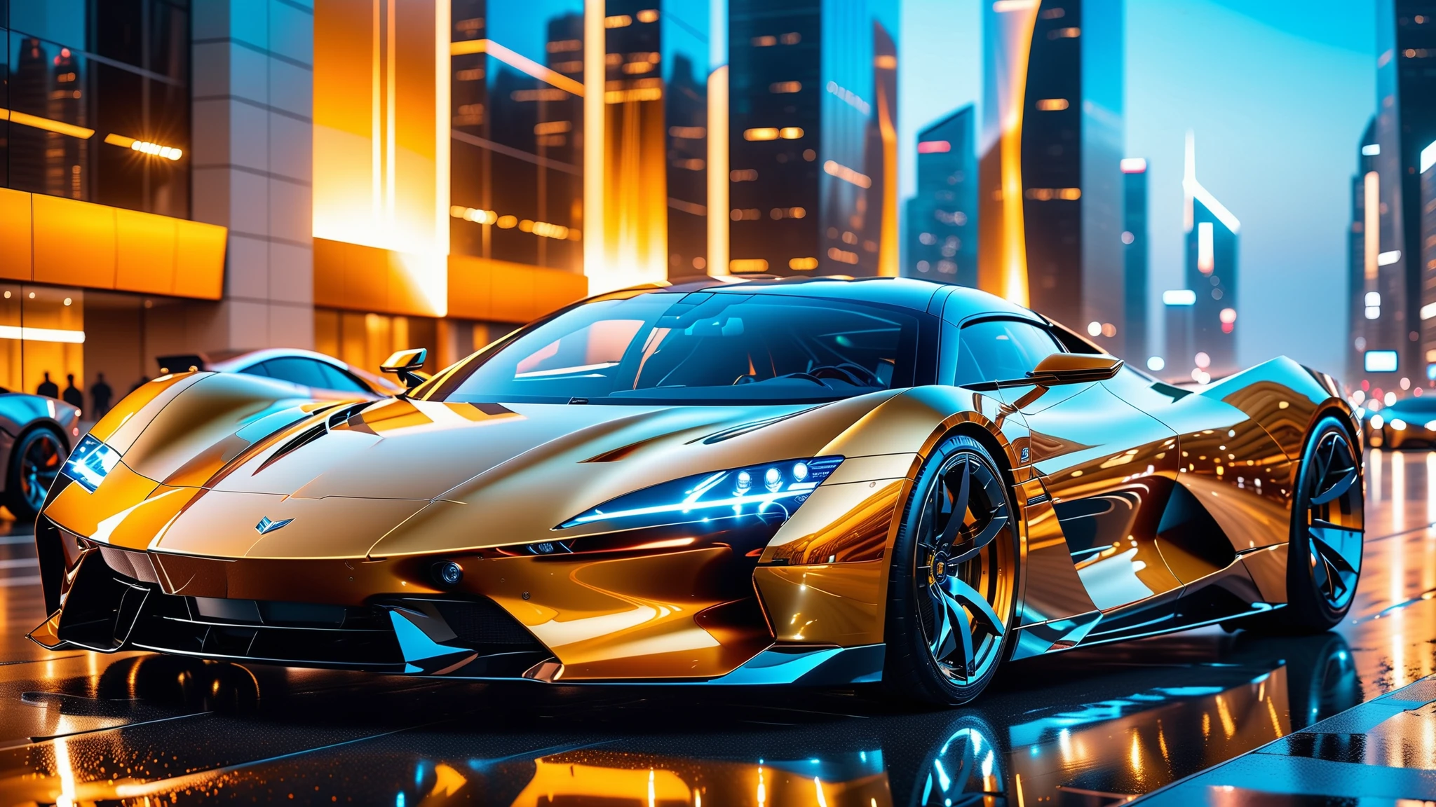 A Masterpiece In 32K Resolution, Supreme Quality, Super Detail, Official Art, Very High-Resolution 32K Wallpaper. Gleaming And Technological, Ultra-Detailed Features. A Gleaming, Ultra-Modern Supercar, Radiating With A Golden Glow As If Forged From Molten Metal. The City Features Towering Silver Skyscrapers And Transparent, Crystalline Domes That Shimmer In The Night. The Streets Are Packed With Sleek Supercars, Leaving Trails Of Fiery Light That Cut Through The Cool, Metallic Hues Of The Metropolis, Casting A Warm Glow Over The Entire Scene. Every Detail Embodies The Essence Of Futuristic Technology And Sophisticated Design.