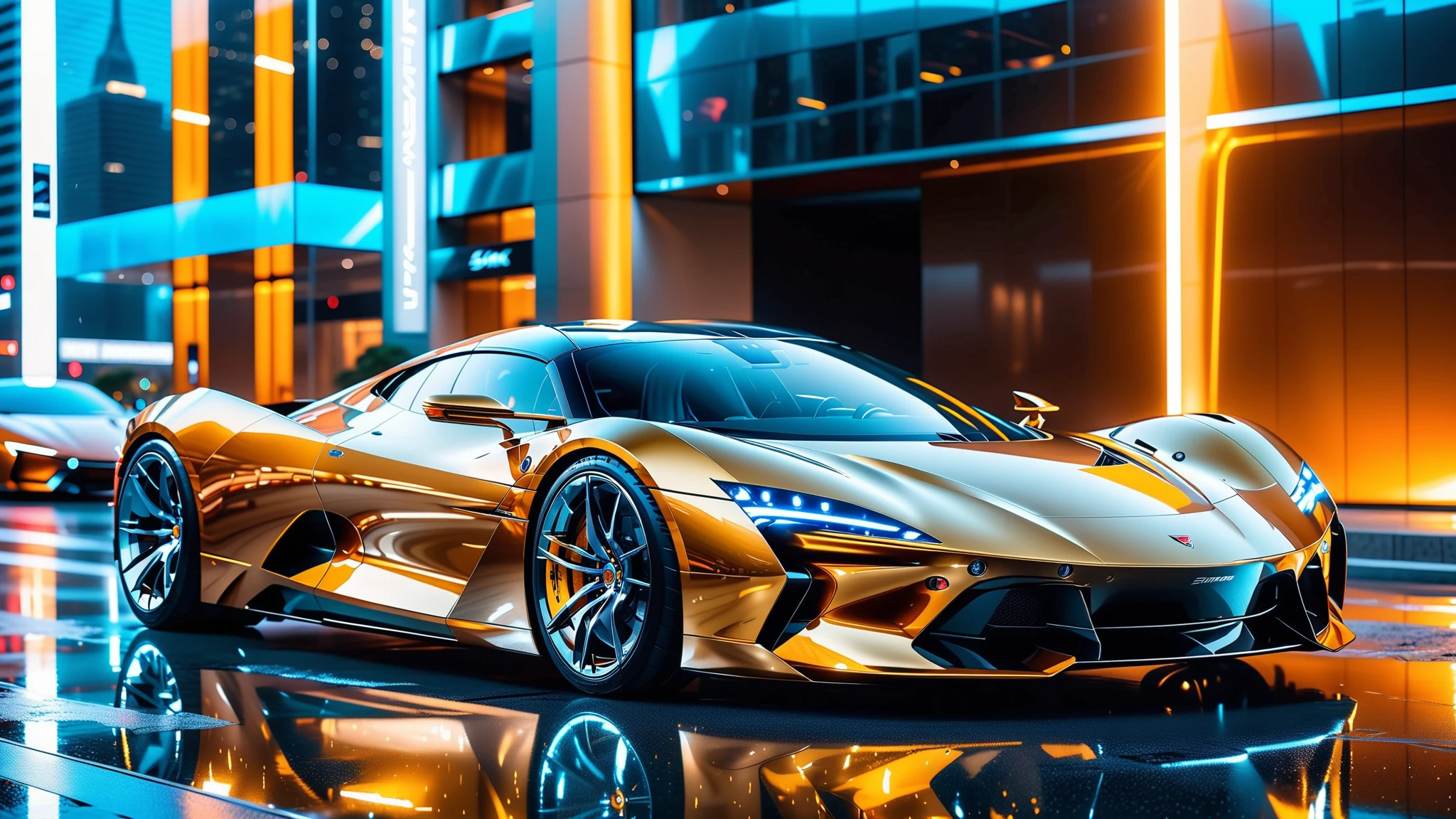 A Masterpiece In 32K Resolution, Supreme Quality, Super Detail, Official Art, Very High-Resolution 32K Wallpaper. Gleaming And Technological, Ultra-Detailed Features. A Gleaming, Ultra-Modern Supercar, Radiating With A Golden Glow As If Forged From Molten Metal. The City Features Towering Silver Skyscrapers And Transparent, Crystalline Domes That Shimmer In The Night. The Streets Are Packed With Sleek Supercars, Leaving Trails Of Fiery Light That Cut Through The Cool, Metallic Hues Of The Metropolis, Casting A Warm Glow Over The Entire Scene. Every Detail Embodies The Essence Of Futuristic Technology And Sophisticated Design.