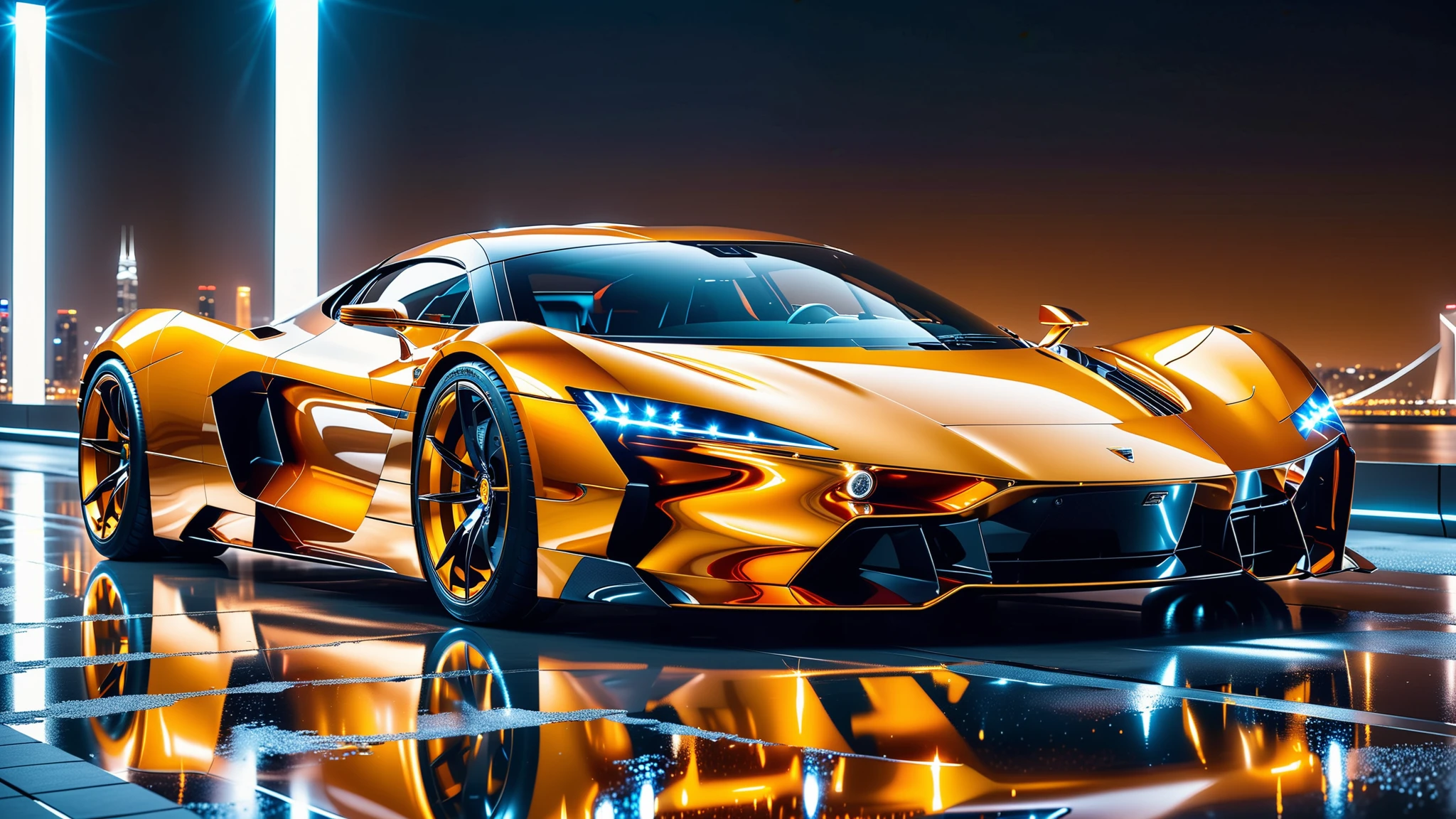 A Masterpiece In 32K Resolution, Supreme Quality, Super Detail, Official Art, Very High-Resolution 32K Wallpaper. Gleaming And Technological, Ultra-Detailed Features. A Gleaming, Ultra-Modern Supercar, Radiating With A Golden Glow As If Forged From Molten Metal. The City Features Towering Silver Skyscrapers And Transparent, Crystalline Domes That Shimmer In The Night. The Streets Are Packed With Sleek Supercars, Leaving Trails Of Fiery Light That Cut Through The Cool, Metallic Hues Of The Metropolis, Casting A Warm Glow Over The Entire Scene. Every Detail Embodies The Essence Of Futuristic Technology And Sophisticated Design.