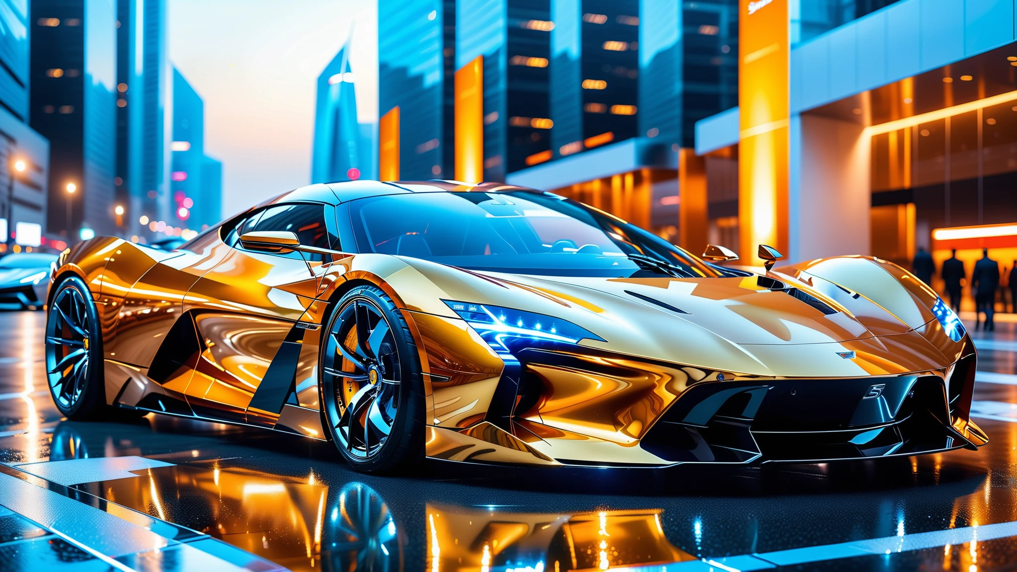 A Masterpiece In 32K Resolution, Supreme Quality, Super Detail, Official Art, Very High-Resolution 32K Wallpaper. Gleaming And Technological, Ultra-Detailed Features. A Gleaming, Ultra-Modern Supercar, Radiating With A Golden Glow As If Forged From Molten Metal. The City Features Towering Silver Skyscrapers And Transparent, Crystalline Domes That Shimmer In The Night. The Streets Are Packed With Sleek Supercars, Leaving Trails Of Fiery Light That Cut Through The Cool, Metallic Hues Of The Metropolis, Casting A Warm Glow Over The Entire Scene. Every Detail Embodies The Essence Of Futuristic Technology And Sophisticated Design.