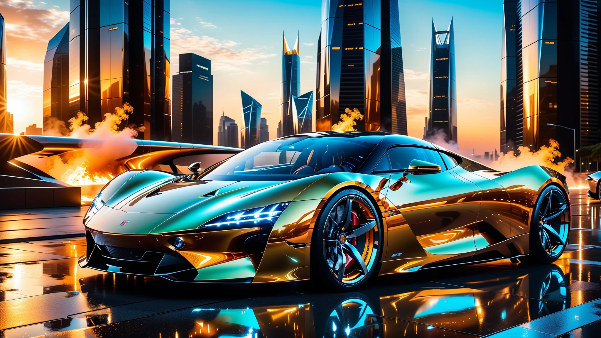 A Masterpiece In 32K Resolution, Supreme Quality, Super Detail, Official Art, Very High-Resolution 32K Wallpaper. Gleaming And Technological, Ultra-Detailed Features. A Gleaming, Ultra-Modern Supercar, Radiating With A Golden Glow As If Forged From Molten Metal. The City Features Towering Silver Skyscrapers And Transparent, Crystalline Domes That Shimmer In The Night. The Streets Are Packed With Sleek Supercars, Leaving Trails Of Fiery Light That Cut Through The Cool, Metallic Hues Of The Metropolis, Casting A Warm Glow Over The Entire Scene. Every Detail Embodies The Essence Of Futuristic Technology And Sophisticated Design.