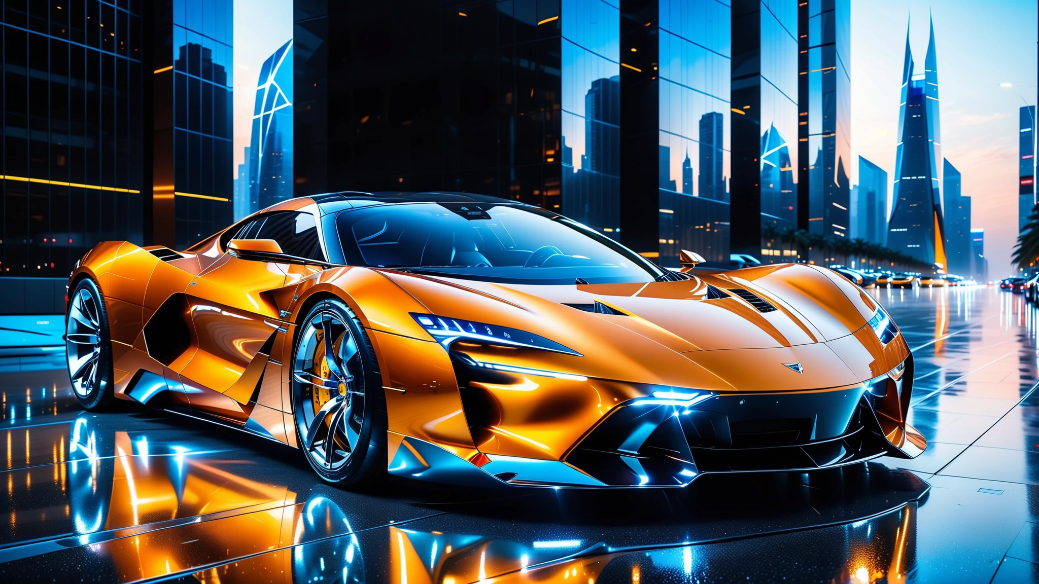 A Masterpiece In 32K Resolution, Supreme Quality, Super Detail, Official Art, Very High-Resolution 32K Wallpaper. Gleaming And Technological, Ultra-Detailed Features. A Gleaming, Ultra-Modern Supercar, Radiating With A Golden Glow As If Forged From Molten Metal. The City Features Towering Silver Skyscrapers And Transparent, Crystalline Domes That Shimmer In The Night. The Streets Are Packed With Sleek Supercars, Leaving Trails Of Fiery Light That Cut Through The Cool, Metallic Hues Of The Metropolis, Casting A Warm Glow Over The Entire Scene. Every Detail Embodies The Essence Of Futuristic Technology And Sophisticated Design.