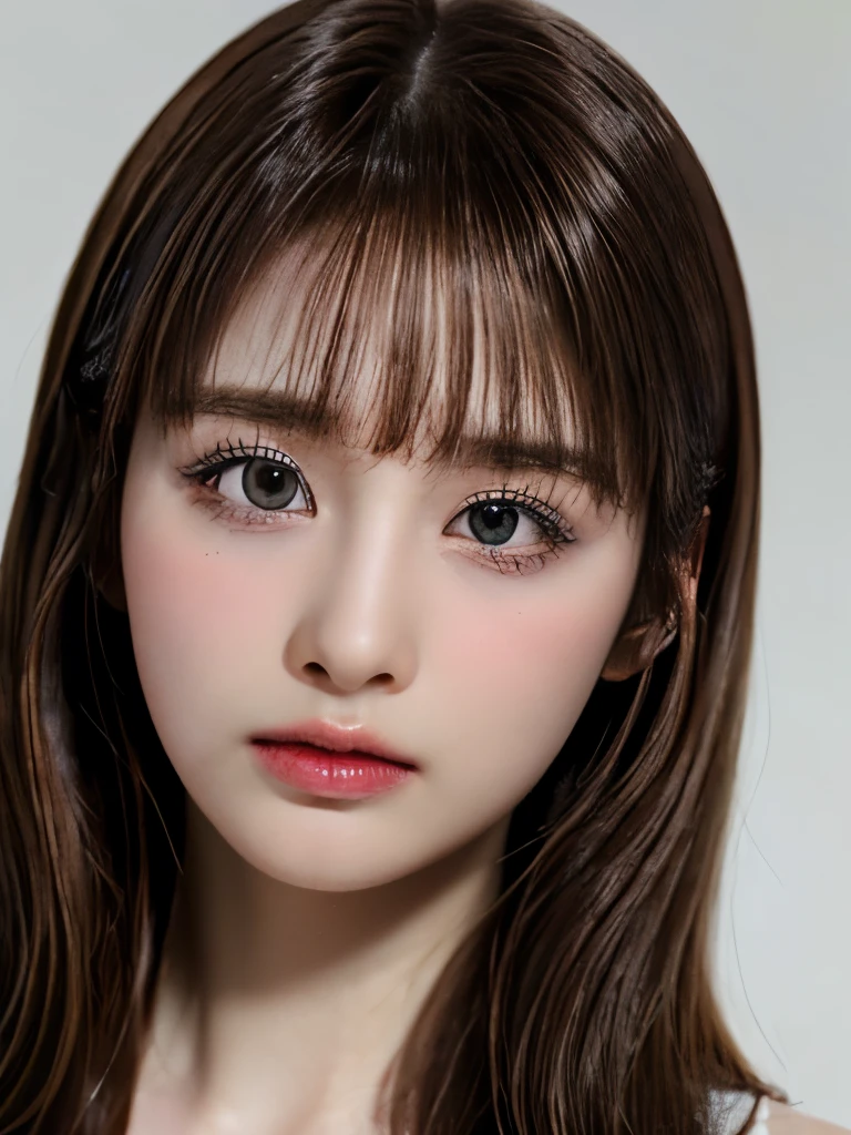 professional portrait photograph of ((wnter), (aspwnter)), in formal clothing, dark brown hair, gorgeous symmetrical face, elegant, highly detailed,, sharp focus, ((bangs)), (((professionally color graded))), trending on instagram, hdr 4k, 8k Best quality, masterpiece, ultra high resolution, (photorealistic:1.4),1girl, solo, realistic, ((brown hair)), ((brown eyes)), (((médium hair with bangs))), perfect nose, close up, brown hair, simple background, brown eyes, black dress, fair skin, clean skin, 18 years old, lovely eyes, double eyelid, almond eyes, bangs