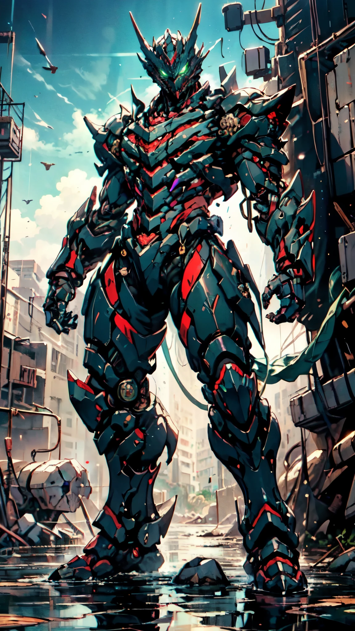 (masterpiece:1.5, best quality:1.5, extremely delicate:1.5), ((male:1.5)), Biomimetic humanoid Mecha, green eyes, fully enclosed shoulder guards, matching arm and leg guards, gemstone, full body, full armor, the design balances heavy with agility, organic biotech armor, (the color scheme is primarily Black and Blue with Red and Purple accents, concept Inspired by Godzilla, glowing eyes, the armor glows), standing, floating high above the futuristic sci-fi city, a finely crafted Super robot in anime style, exquisite and mature art style, metallic, dramatic, high definition, highres, ultra-detailed, ultra-fine painting, professional, anatomically correct, symmetrical face, extremely detailed eyes and face, high quality eyes, creativity, RAW photo, UHD, 32k, Natural light, cinematic lighting, (masterpiece-anatomy-perfect:1.2)