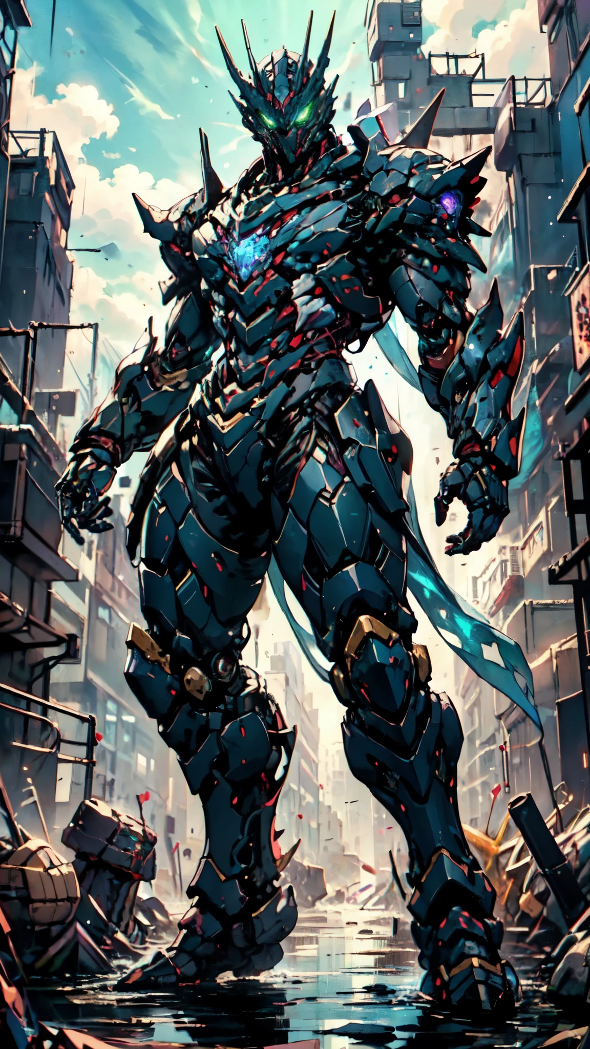 (masterpiece:1.5, best quality:1.5, extremely delicate:1.5), ((male:1.5)), Biomimetic humanoid Mecha, green eyes, fully enclosed shoulder guards, matching arm and leg guards, gemstone, full body, full armor, the design balances heavy with agility, organic biotech armor, (the color scheme is primarily Black and Blue with Red and Purple accents, concept Inspired by Godzilla, glowing eyes, the armor glows), standing, floating high above the futuristic sci-fi city, a finely crafted Super robot in anime style, exquisite and mature art style, metallic, dramatic, high definition, highres, ultra-detailed, ultra-fine painting, professional, anatomically correct, symmetrical face, extremely detailed eyes and face, high quality eyes, creativity, RAW photo, UHD, 32k, Natural light, cinematic lighting, (masterpiece-anatomy-perfect:1.2)