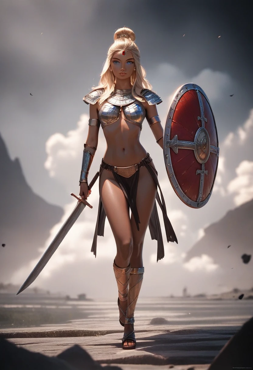 ((masterpiece, highest quality, Highest image quality, High resolution, photorealistic, Raw photo, 8K)), ((Extremely detailed CG unified 8k wallpaper)), (huge stunning goddess shot, very hot and sexy, jaw-dropping beauty, perfect proportions, beautiful body, slim body beauty:1.4), (Ancient Athenian female gladiator), (beautiful warrior, holding short sword and small shield, Wearing leather armor and sandals), (blonde hair, blue eyes, dark skin), amphitheatre,