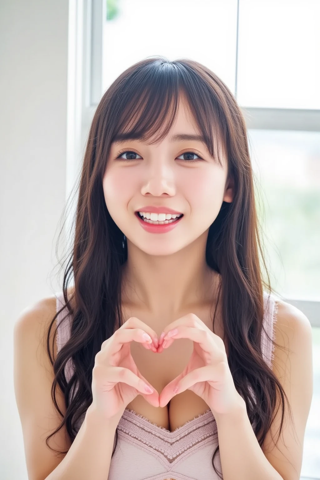 She is in a pose wearing a sexy camisole, making a firm big heart shape with both hands, and holding it in front of her chest, Close-up of a smiling face

