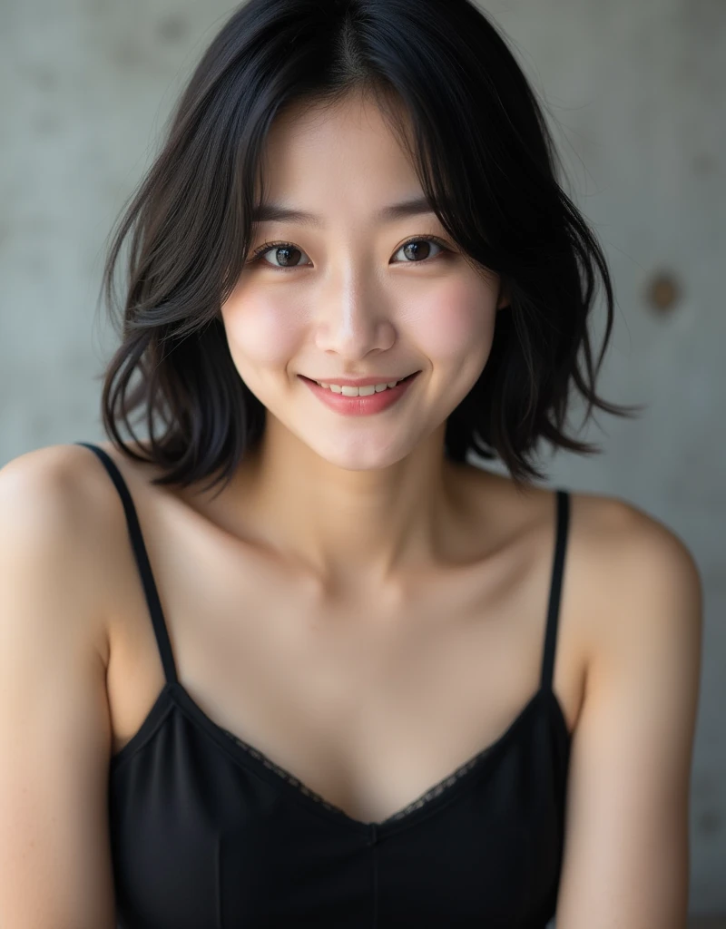 Detailed live action profile picture 、Classy woman、 cute Japanese woman 、Soft Hair、 Shortcut 、 Black sleeveless 、landscape、  I can see my forehead  、 The background is simple concrete 、Black Hair、smile、 looking at the camera 、Narrow neckline 、 The neckline should fit snugly around the neck、Shapely breasts. Diamond shaped hair 